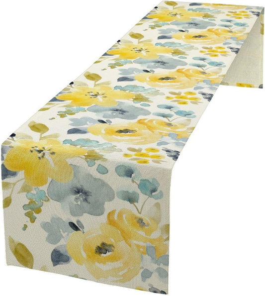 Watercolor Floral Table Runner, Seasonal Summer Yellow Flower Print Kitchen Dinning Table Runner for Indoor Outdoor Home Wedding Party Holiday, 13x120 Inch
