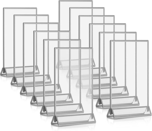 Blulu 12 Pack Acrylic Sign Holder Double Sided Picture Frame Wedding Table Number Stands with Border and Vertical Clear Display Menu Holders for Wedding Party Restaurant(5 x 7 Inch,Silver)