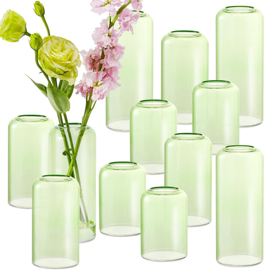 12Pcs Bud Vases Set, Glass Flower Vase for Centerpieces, Small Vases for Flowers, Decor Centerpiece for Bathroom, Decorative Vases for House Warming(Green)