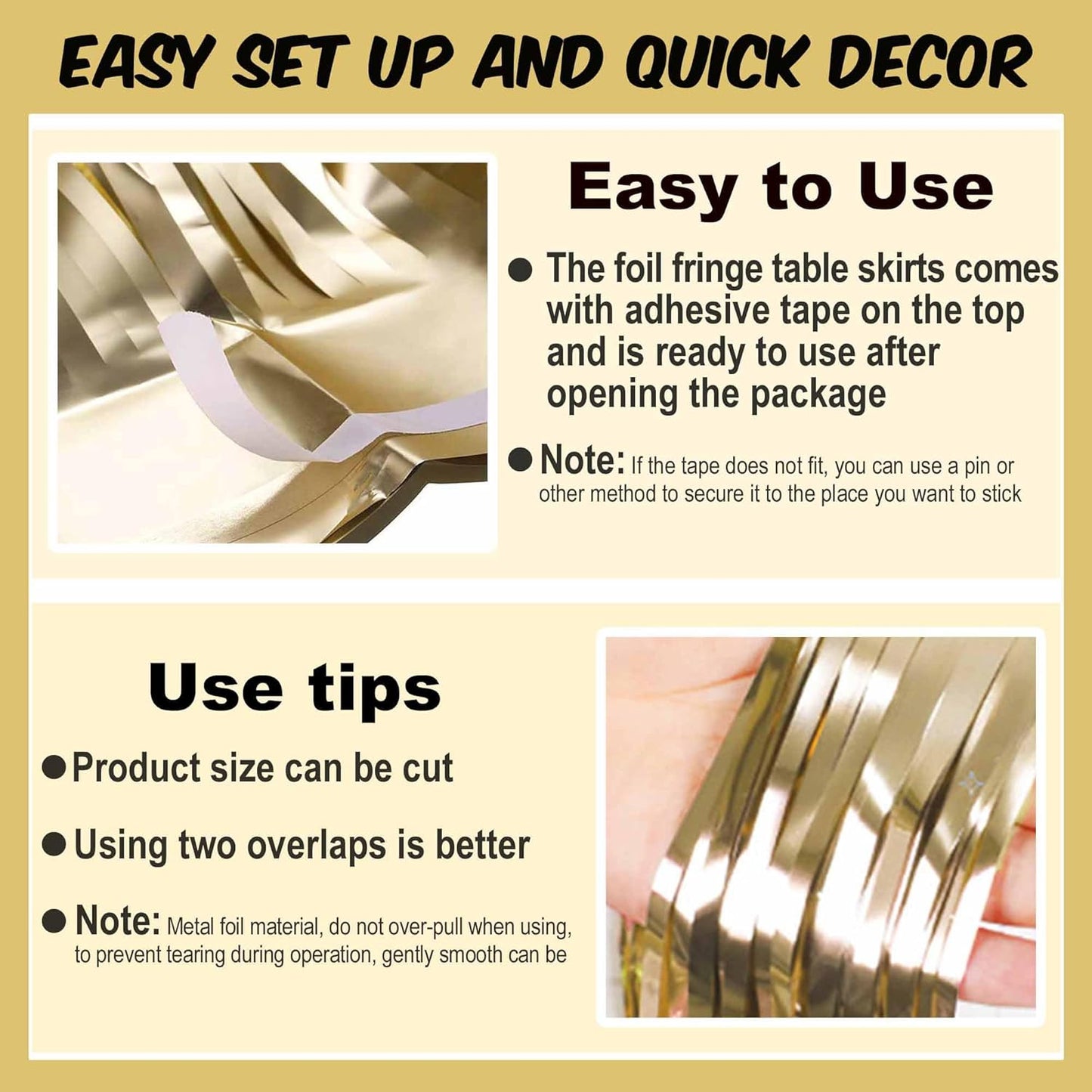 3 Pack 29 x108 Inch Light Gold Foil Fringe Table Skirts Metallic Banner for Tinsel Streamer Garland Backdrop for Parade Floats Mother's Day, Graduate, Birthday, Wedding Party Decoration