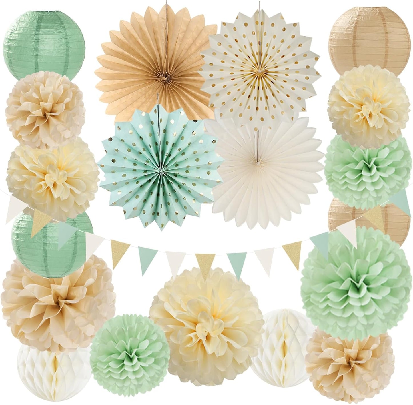 Sage-Green Champagne-Gold Baby Shower Party Decorations - 20pcs Neutral Birthday Paper Lanterns Fans,Boho Wedding Tissue Pom Poms,Honeycomb Streamers Banner,Bridal Graduation Rustic Decor Burgleda