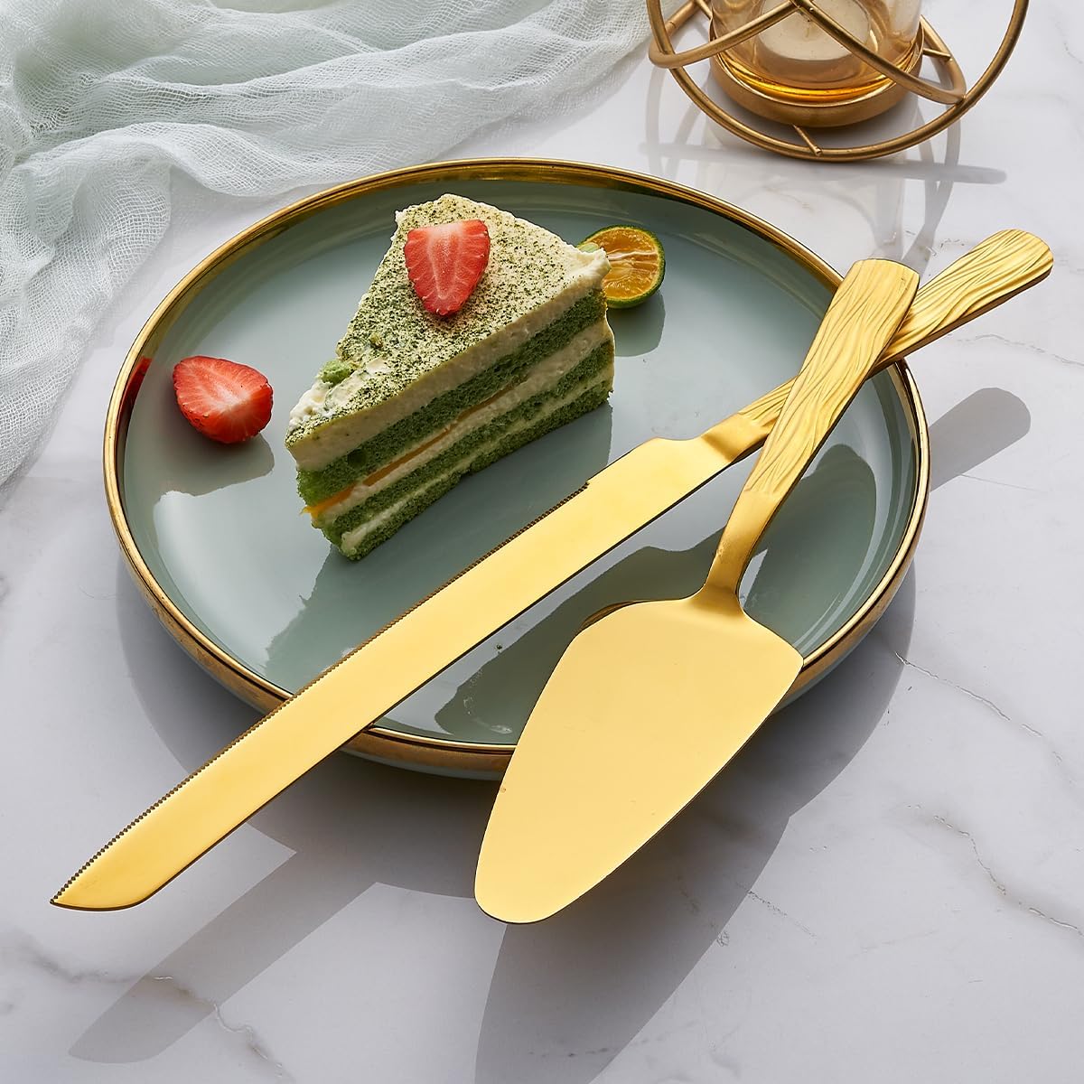 Gold Cake Cutter Set, Stainless Steel Cake Cutting Utensils Include Cake Knife and Cake Server suitable for Weddings, Birthdays, and Anniversaries