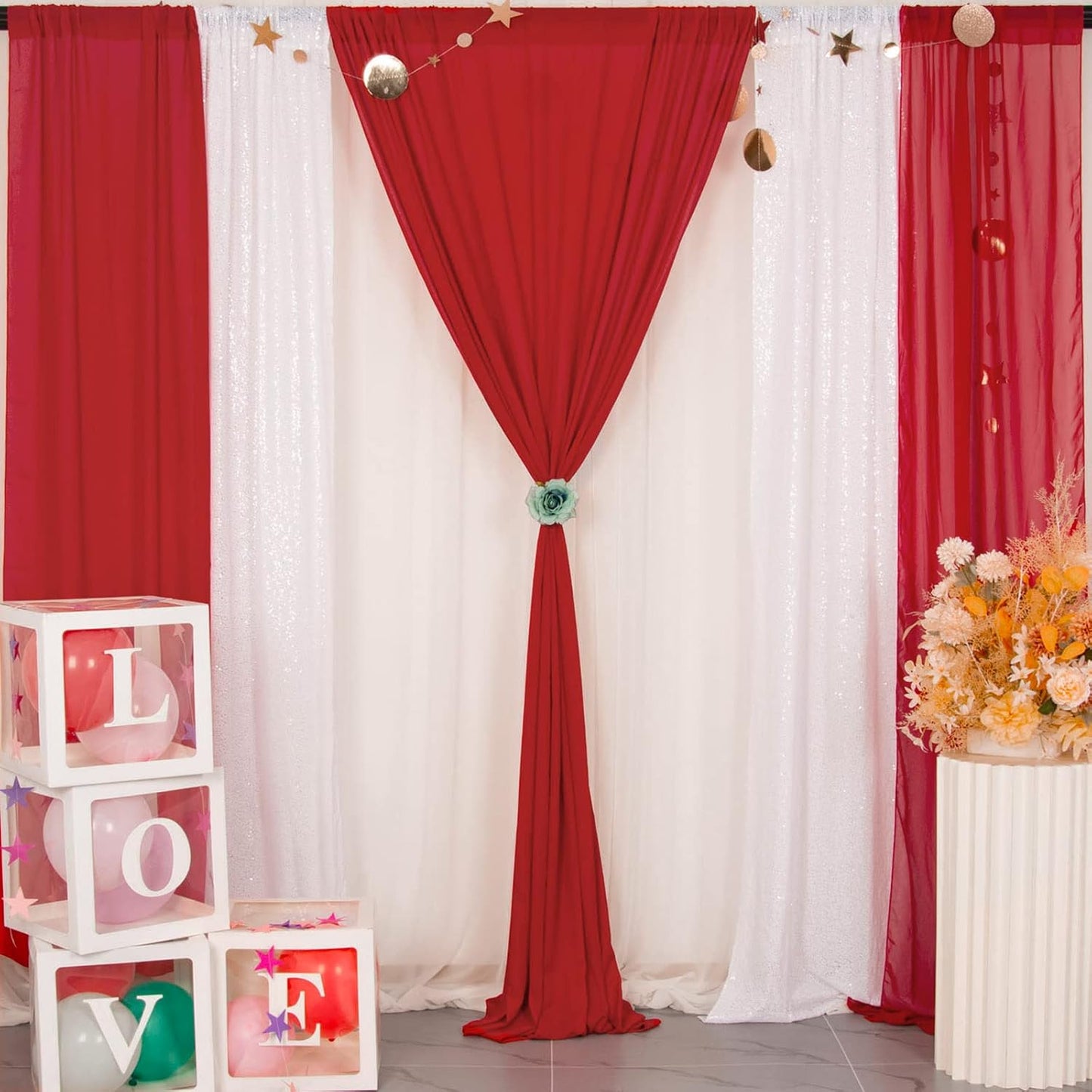 DUOBAO Red Chiffon Backdrop Curtain 5FTx8FT Polyester Curtains for Wedding Ceremony 96" Long Sheer Drapes 2 Pcs Girls' Bedroom Party Stage Decoration (58" W x 96" L)