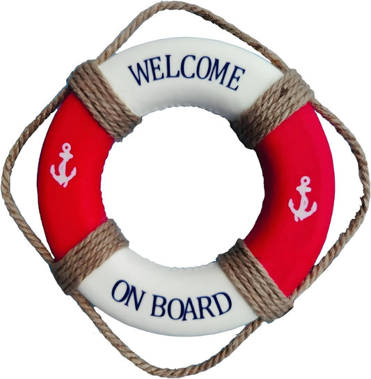 MorroMorn Lifebuoy Wall Hanging Decor - Welcome Aboard Mediterranean Style Home Decoration Hemp Rope (Red, 20")