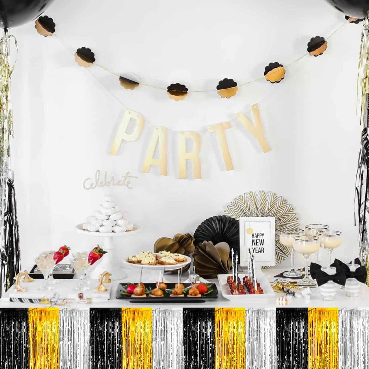 4 Pack 29x108 Inch Metallic Foil Fringe Tinsel Table Skirts for Rectangle Tables Streamer Backdrop for Wedding Birthday, Parade Floats, Christmas, Halloween Party Decoration(Gold Silver Black)