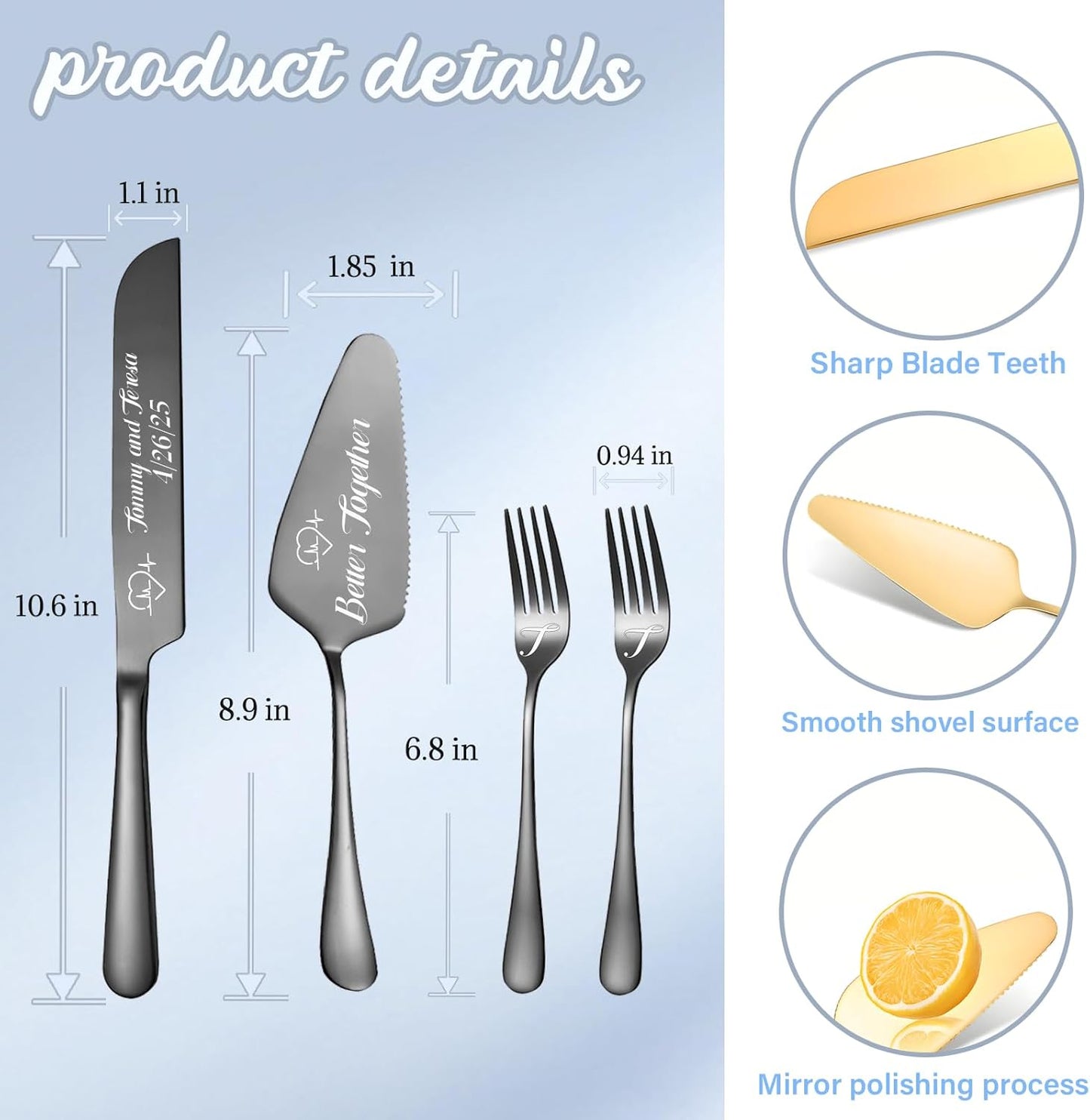 Personalized Wedding Cake Knife and Server Set, Custom Names Cake Cutting Set with Stainless Steel Forks, Customized Bridal Anniversary Birthday Wedding Registry Gifts (Black)