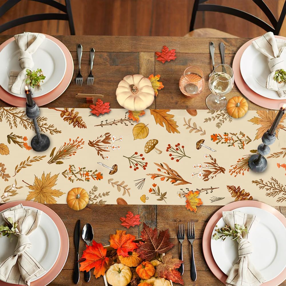 Grey Wildflower Leaves Floral Fall Table Runner, Seasonal Autumn Harvest Thanksgiving Burlap Farmhouse Indoor Outdoor Fall Kitchen Dining Decoration for Home Party 13x72 Inch