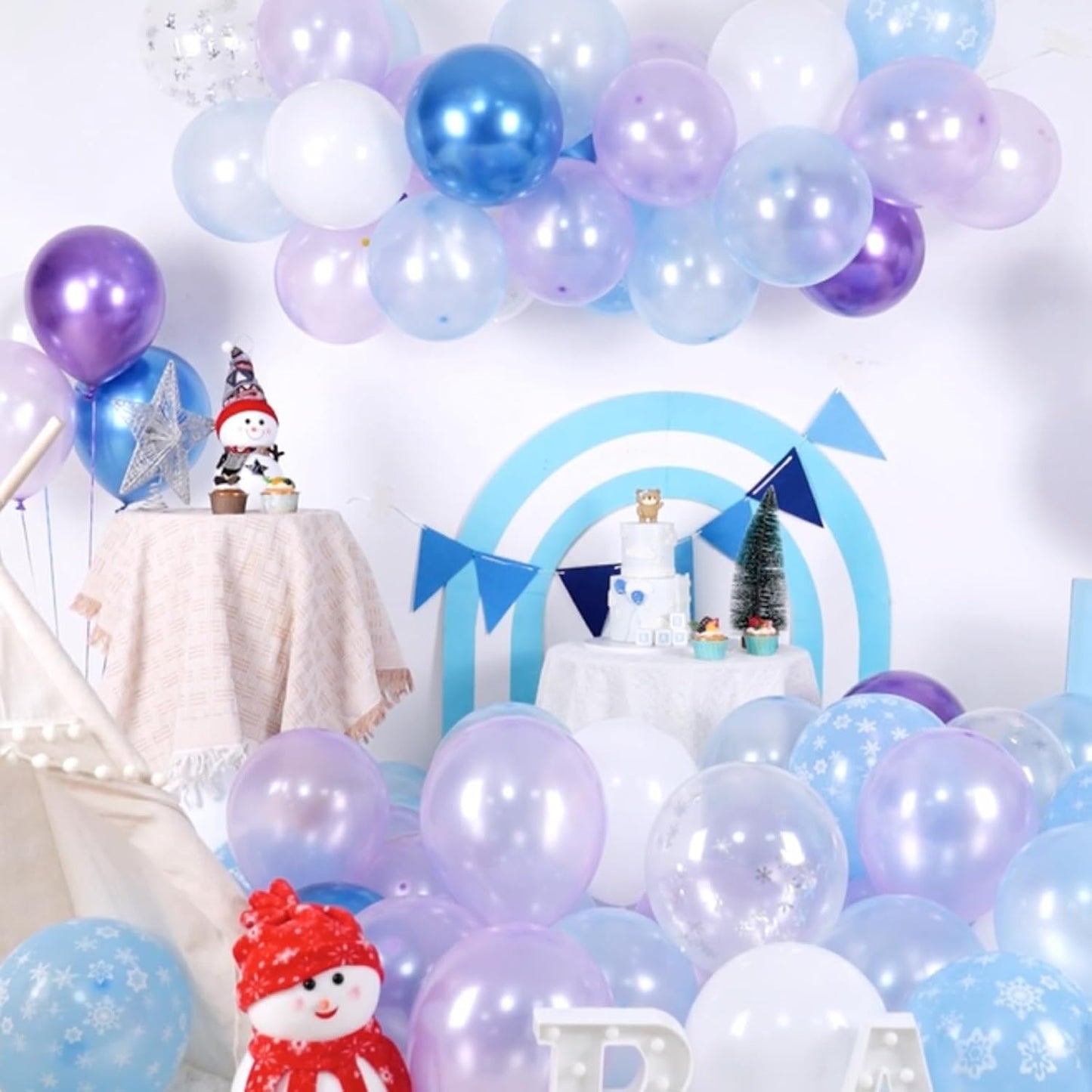 Paready Frozen Balloons Set, 50Pcs Purple Blue Snow Print, 12 Inch Metallic Pearl Light Purple Blue White for Winter Theme Frozen Birthday Party Decorations
