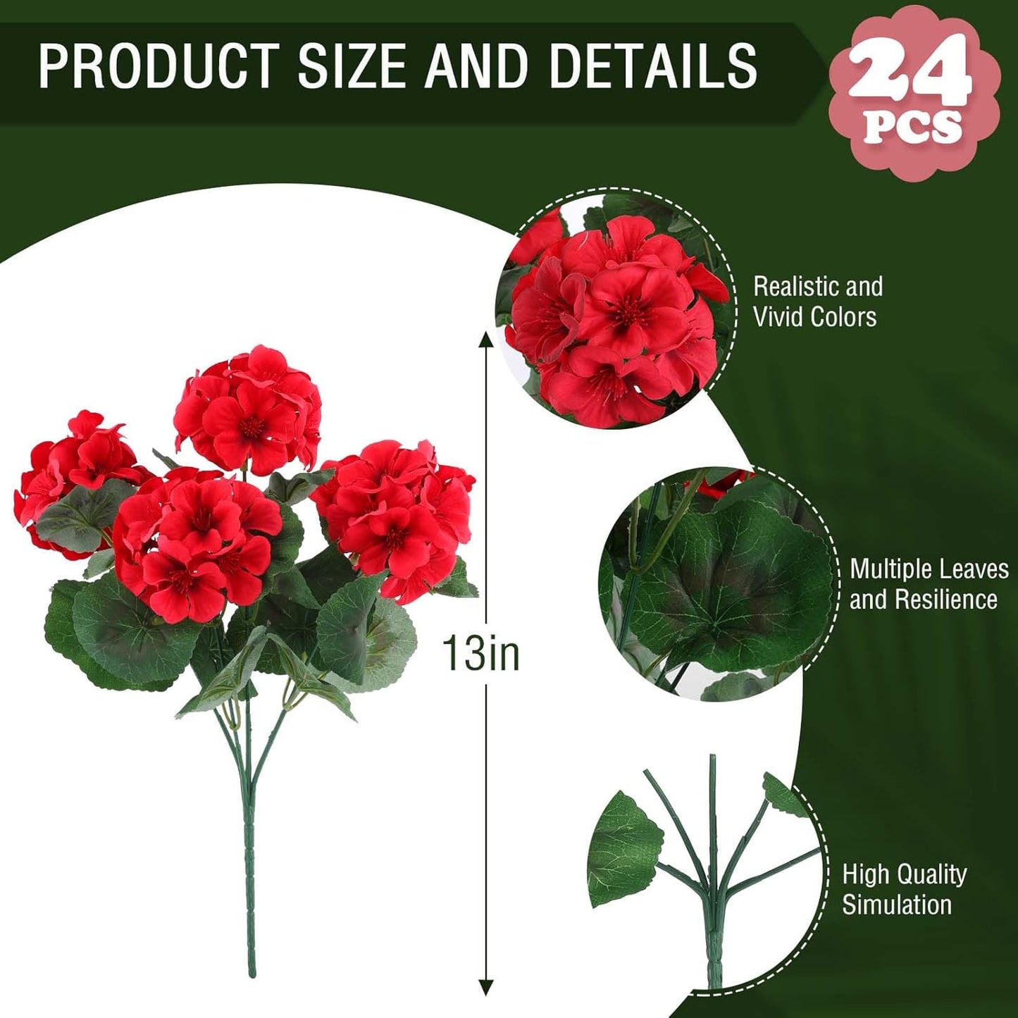Hananona 24 Pcs Artificial Geranium Flowers for Outdoors Geranium Silk Red Flowers Outdoor UV Resistant Garden Plants Faux Flower for Christmas Home Kitchen Table Centerpieces Decor (24, Red)