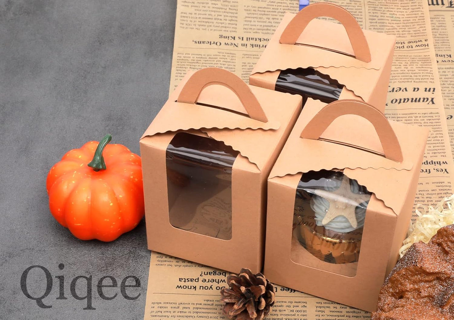 qiqee 100pcs Cupcake Containers Individual Brown Cupcake Holders Disposable Kraft Single Cupcake Boxes with Window 3.7" 3.7"*4.5" Cupcake Boxes