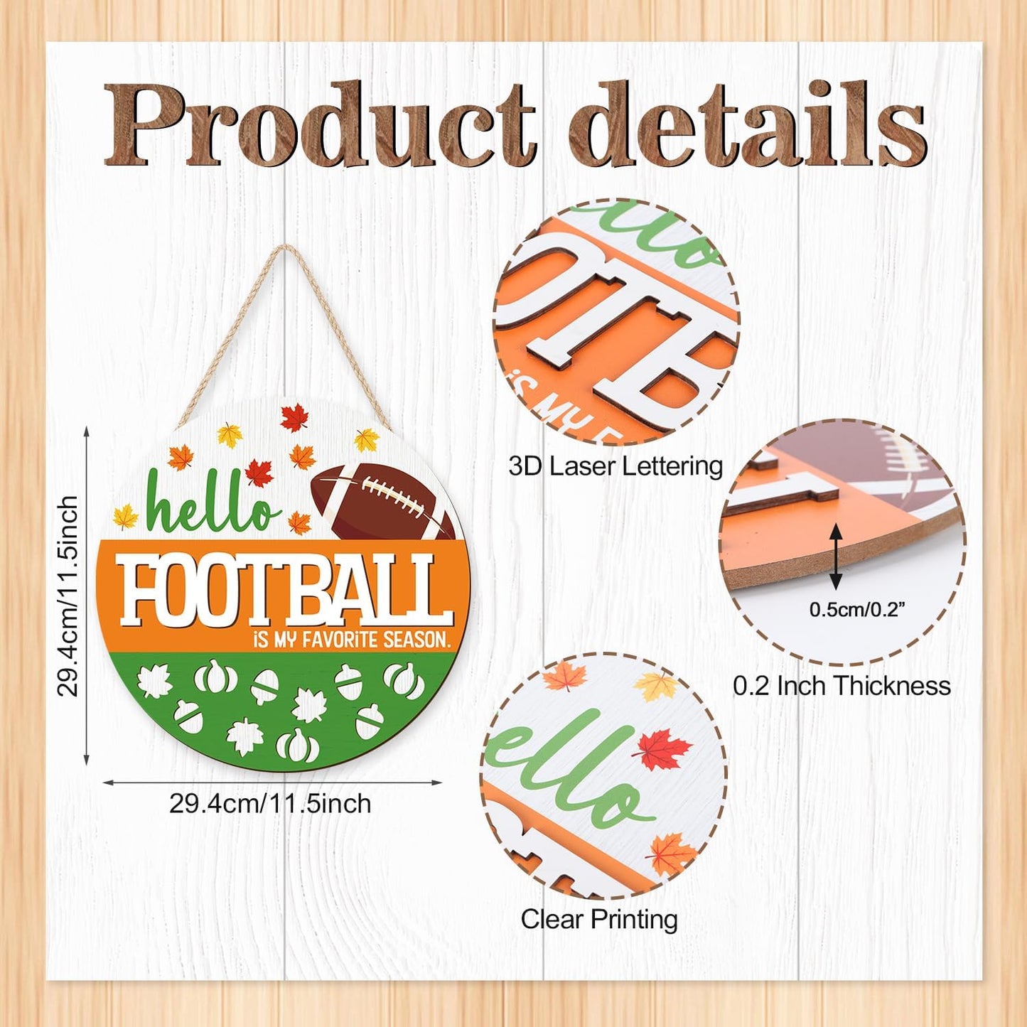 CHDITB Hello Football is My Favorite Season Front Door Sign Wreath(12"x12"), Wooden 3D Fall Decoration Wall Hanging, Farmhouse Rugby Autumn Harvest Maple Leaves Decor Hanger for Front Porch Outdoor