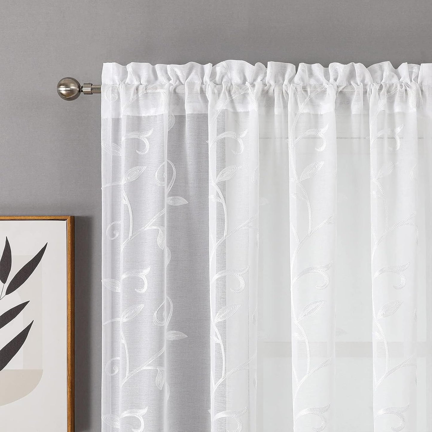 VISIONTEX Sheer Voile Curtains, Decorative White Leaves Embroidery Faux Linen Rod Pocket Window Drapes for Home Kitchen, Living Room and Bedroom 54 x 54 Inch, Set of 2 Curtain Panels