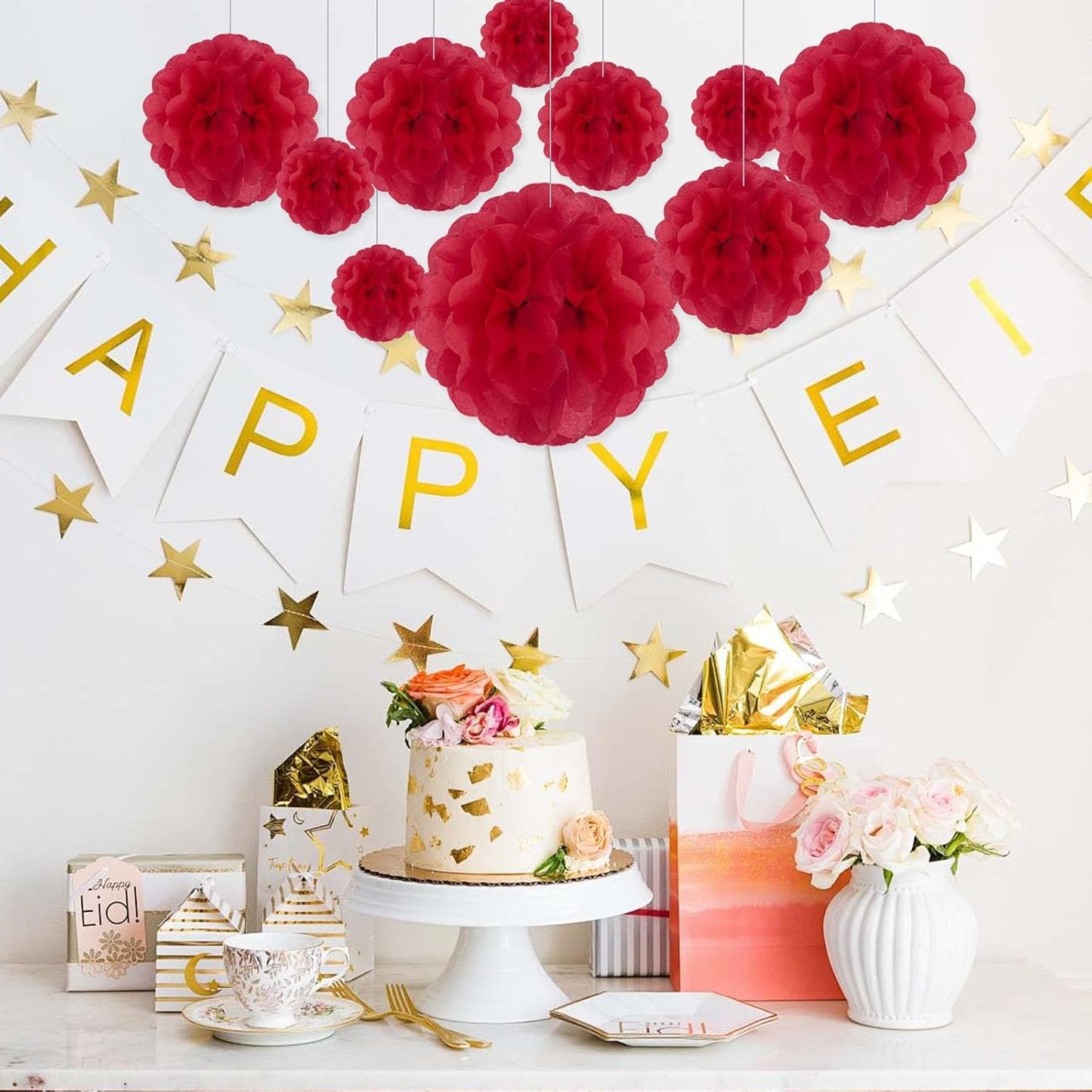 Tissue Paper Pom Poms, Red Tissue Paper Flowers, Hanging Flower Balls for Weddings Fiesta Parties Birthday Baby Showers Classroom Bridal Shower Decoration (20Piece Set-6/10/12/14Inch)