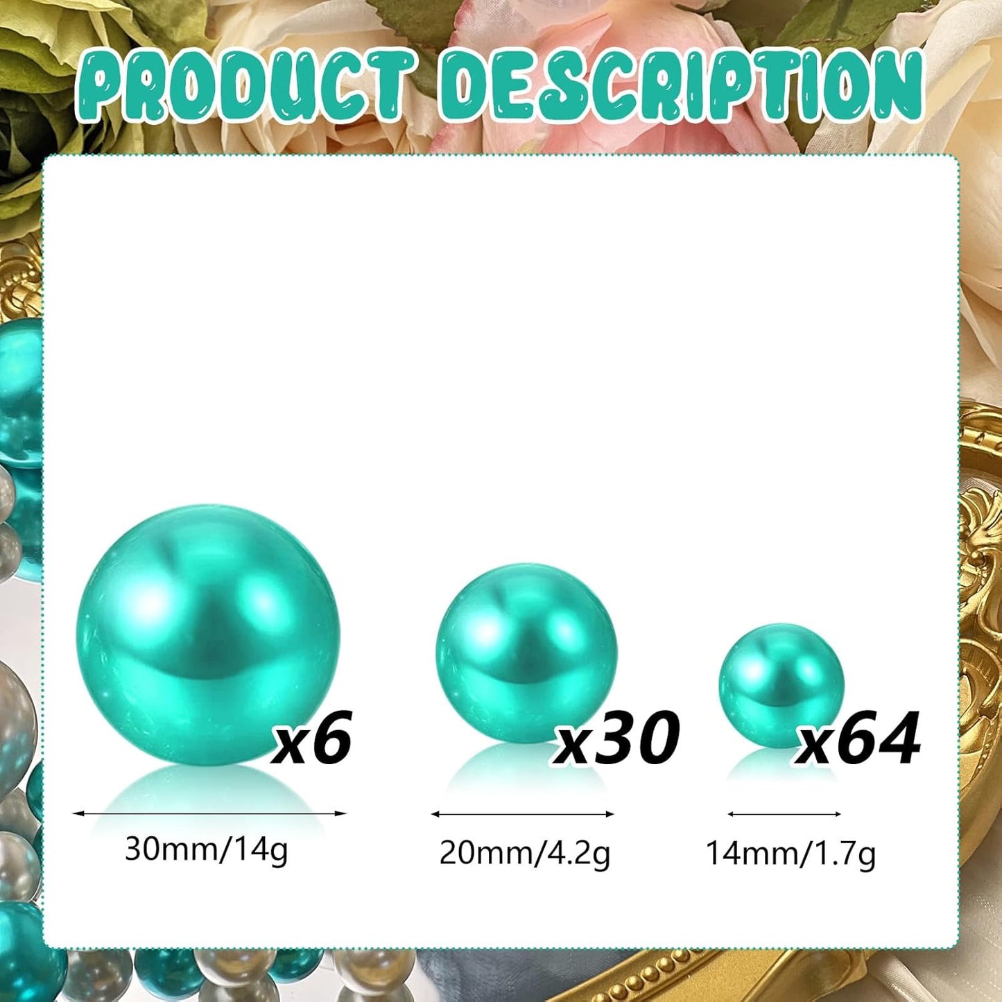 100PCS Lake Green Faux Pearls Beads for Centerpiece Vases, Vase Filler Faux Pearls, No Holes Filler Beads for Party Anniversary Birthday Wedding Table Decor, 14/20/30mm