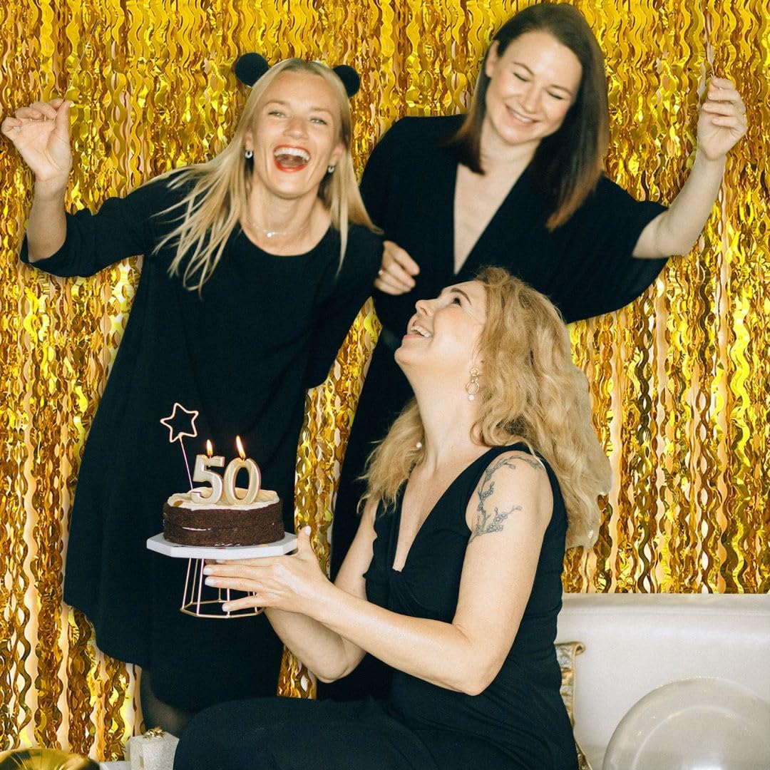 Gold Foil Fringe Backdrop Curtain Wave Golden Streamers Tinsel Photo Backdrop Gold Party Decorations for Anniversary, Birthday, Halloween, Masquerade, Graduation, New Years Eve, Bachelor Party