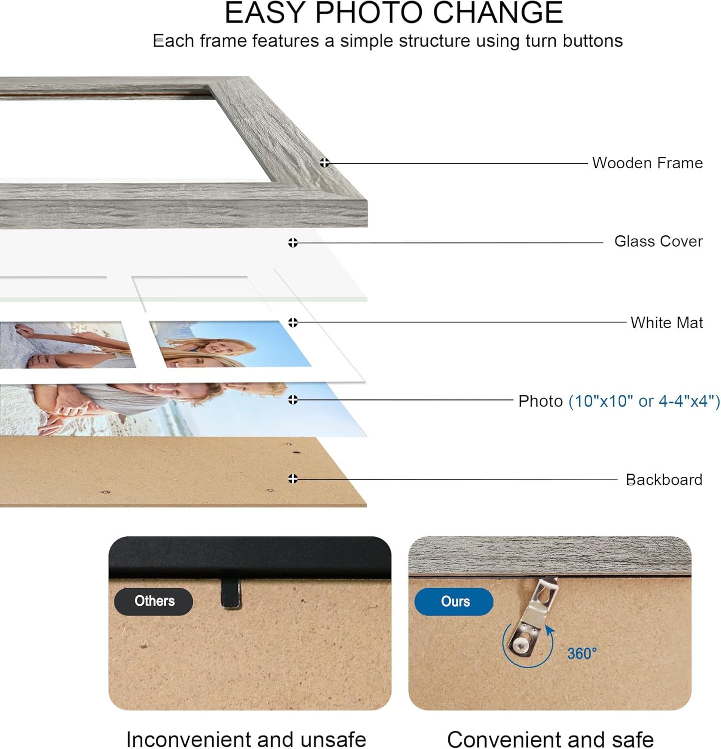 10x10 Picture Frame Set of 2, Real Glass and Grey Collage Frame, Display Pictures Four Opening 4x4 With Mat or 10 x 10 Without Mat for Wall Hanging or Tabletop