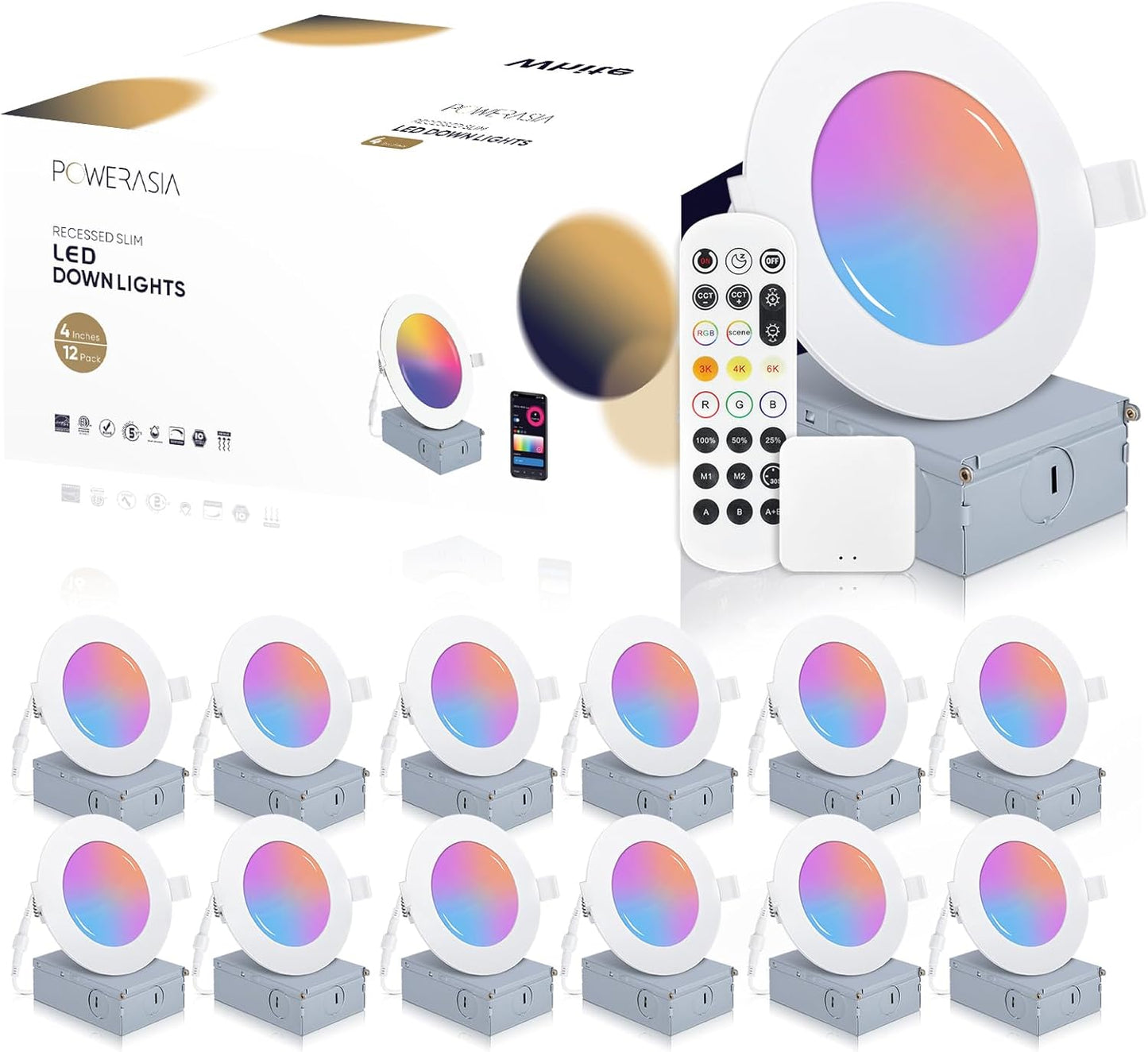 12 Pack Smart Recessed Lighting 4 Inch, Ultra-Thin LED Recessed Lighting 9W 700LM Smart Downlight with Junction Box, Compatible with Alexa/Google Assistant - ETL and Energy Star Certified