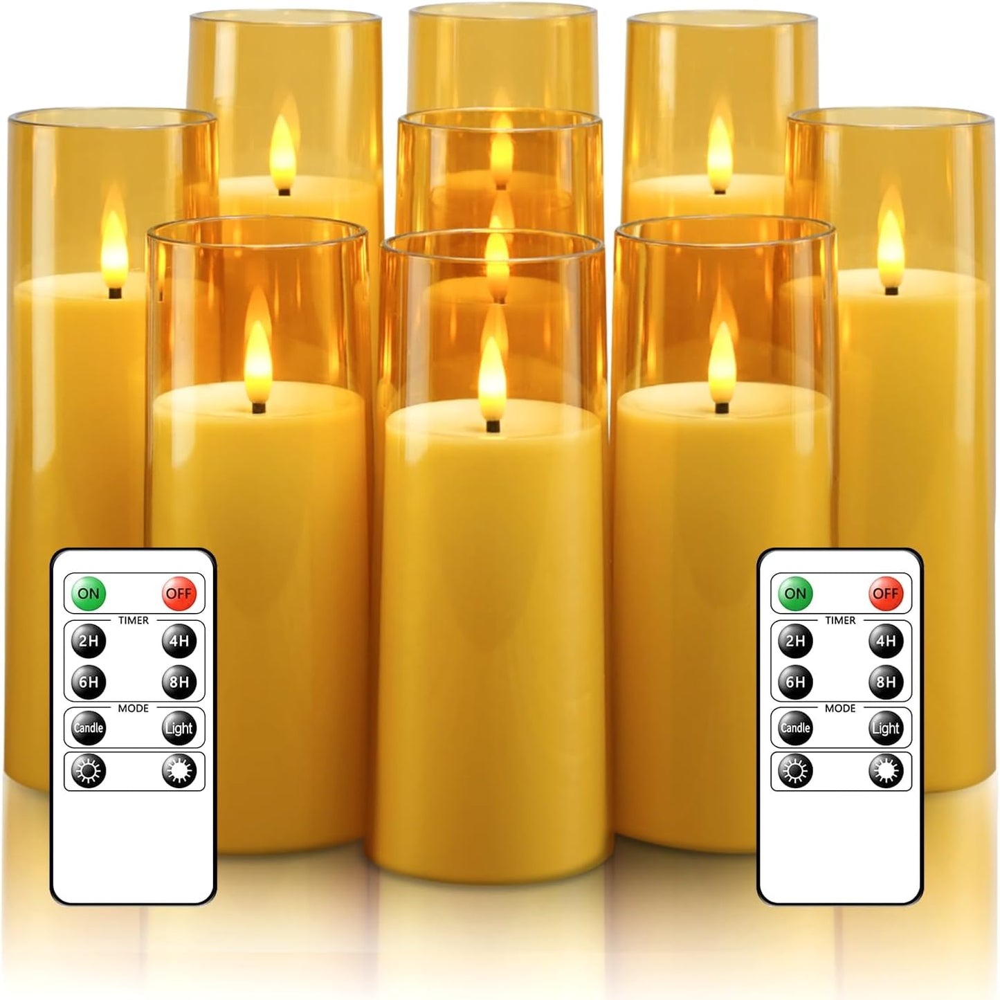 Flickering Flameless Candles Battery Operated with Remote and 2/4/6/8 H Timer Plexiglass Led Pillar Candles Pack of 9 (D2.3 xH 6" 7" 8") with Realistic Moving Wick Candles for Home Decor(Gold)