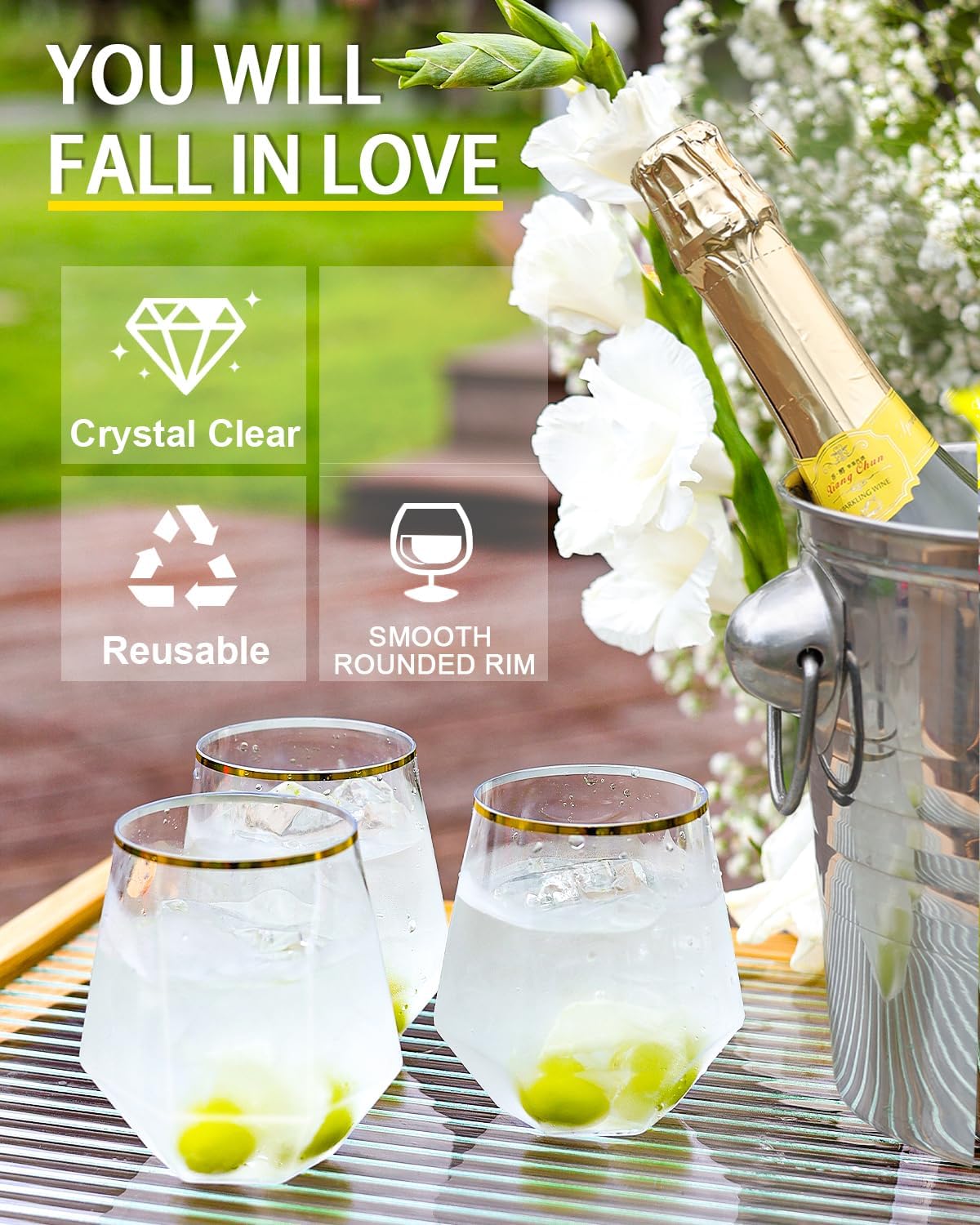 40 Pcak Plastic Stemless Wine cocktail Whiskey Champagne Glasses, 12 Oz Gold Rim Disposable Clear Unbreakable Cups for Party Bars Wedding Tasting (Diamond-shaped)