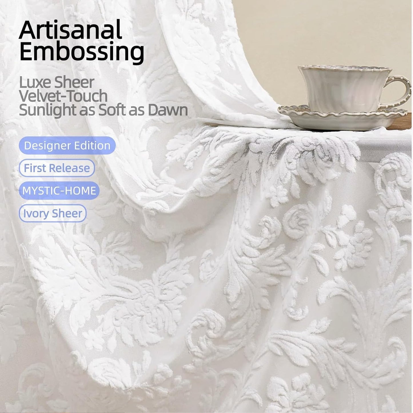 Sheer White Curtains for Bedroom Living Room Boho 63 Inches Rod Pocket Farmhouse Drapes with Floral Patterned Vintage 3D Flocked Texture & Rococo Motifs Window Curtains Set of 2 Panels, 52"W*63"L