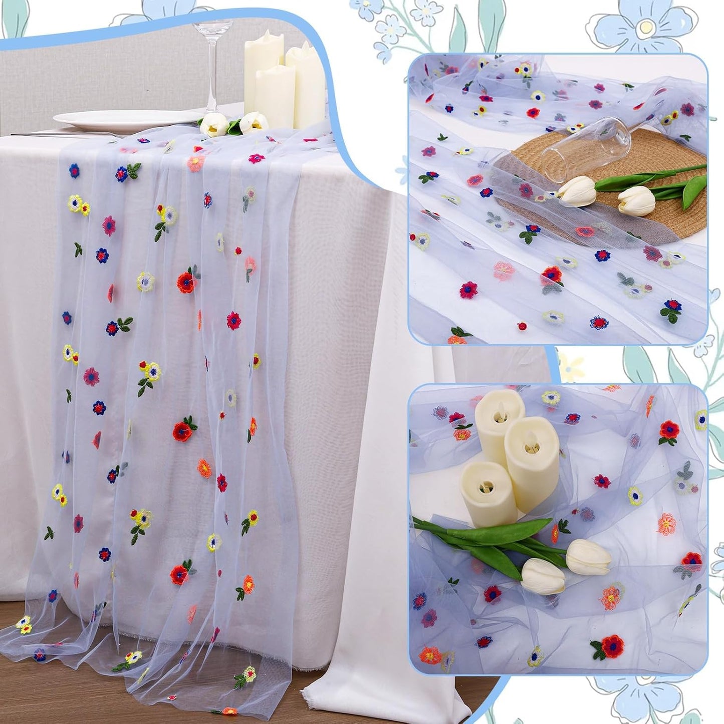 3PCS Blue Floral Table Runner 10 FT, Embroidery Daisy Table Runners Seasonal Sheer Tulle Table Runner for Thanksgiving Wedding Birthday Baby Shower Party ﻿