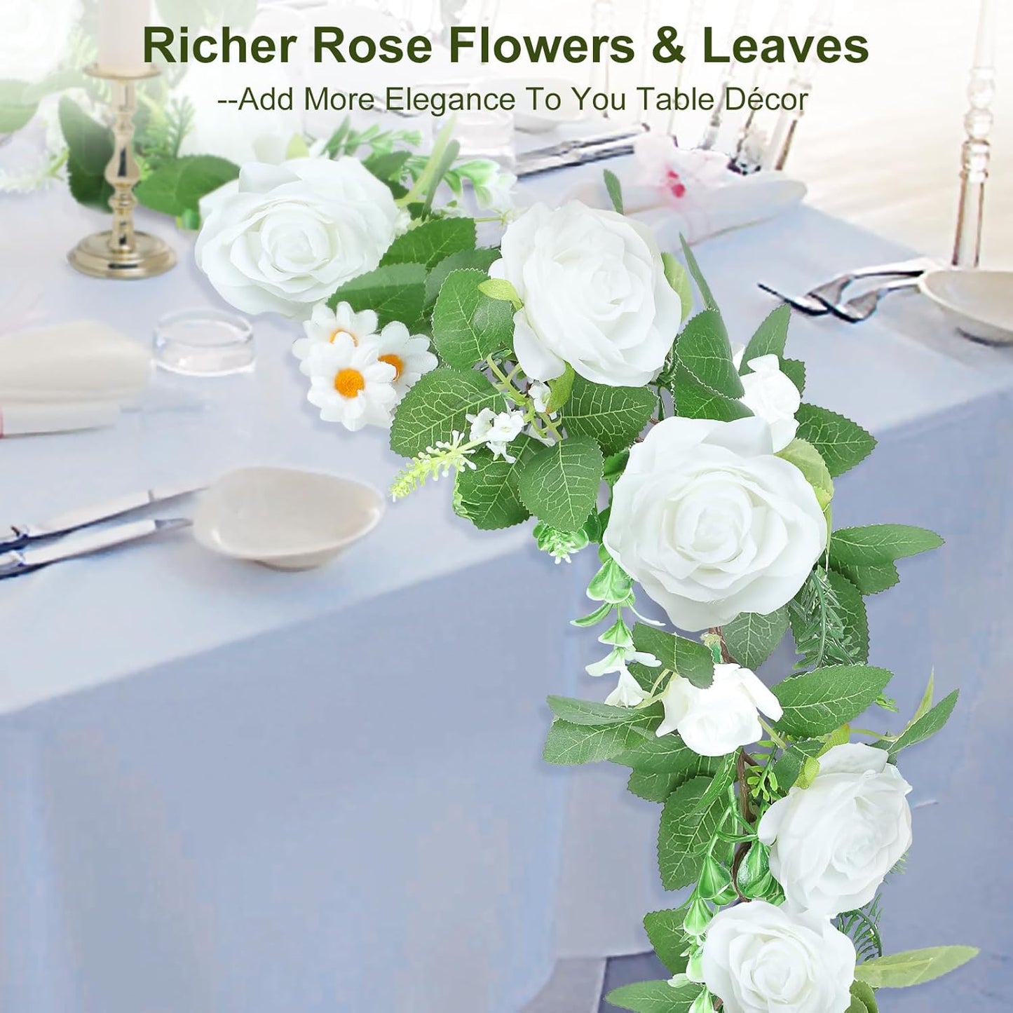 Naidiler Full Pretty White Rose Garland, 6.2FT Artificial Floral Vines Spring White Flower Garland for Wedding Arch Table Centerpiece Decor Home Backdrop Wall Valentines Decoration