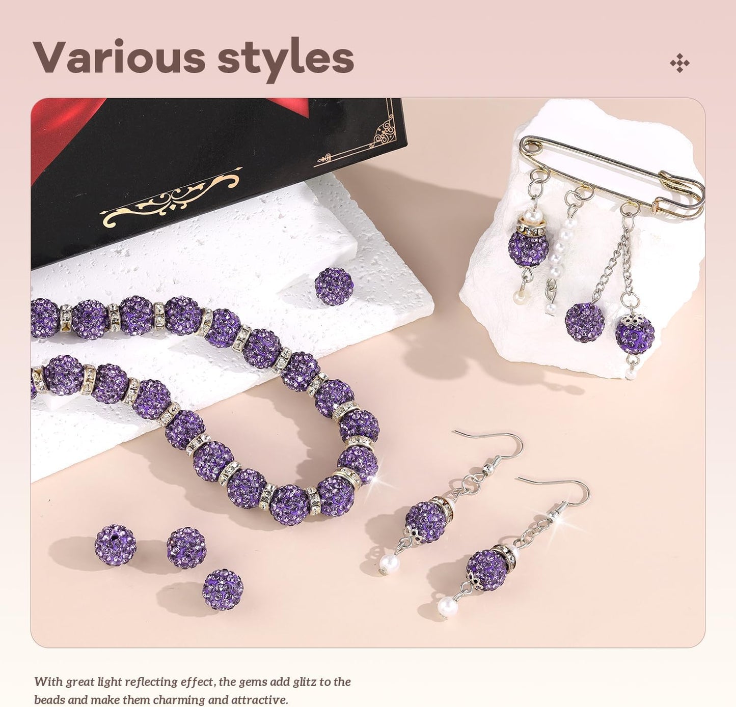 200pcs 10mm Rhinestone Beads for Jewelry Making, Purple Shiny Round Disco Ball Beads Bulk, Sparkle Crystal Clay Christmas for Bracelet Baseball Necklace Earring Crafting and DIY