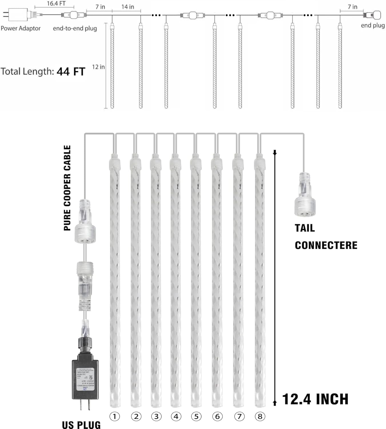 Dazzle Bright 864 LED Christmas Light, Meteor Shower Rain Lights 11.8 Inch 24 Tubes, Waterproof Plug in Falling Rain Lights Christmas Decorations for Xmas Bushes Tree Yard Party (White)