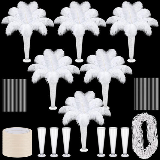 6 Sets Wedding Table Centerpiece Accessories Including 159 Pieces Natural Ostrich Feather Bulk Plastic Vases and Beads Necklaces for Wedding Home Party Centerpiece Supplies(White)