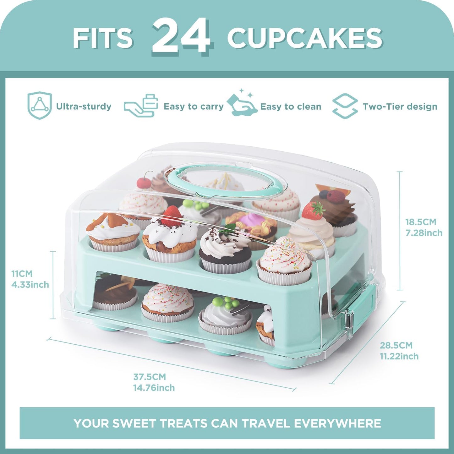 Cupcake Carrier 24 Count, Green Cupcake Holder, Cupcake Container with Lid and Handles, Muffin Traveler Two Tier Stand Reusable Cupcake Box
