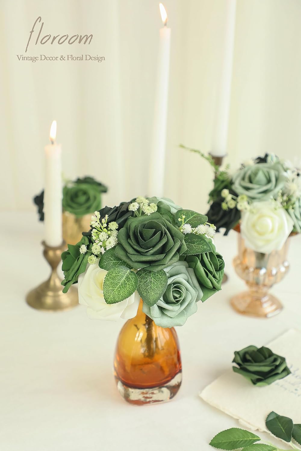 Floroom Artificial Flowers 25pcs Real Looking Forest Green Ombre Colors Foam Fake Roses with Stems for DIY Wedding Bouquets Bridal Shower Centerpieces Sage Green Floral Arrangements Decorations