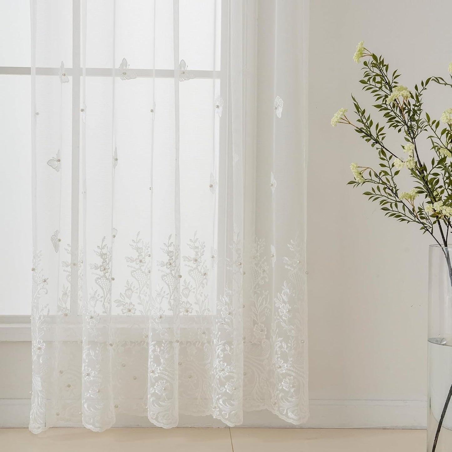 VISIONTEX White Sheer Voile Curtains, Decorative White Embossed Butterflies Rod Pocket Window Drapes for Home Kitchen, Living Room and Bedroom 54 x 72 Inch, Set of 2 Curtain Panels