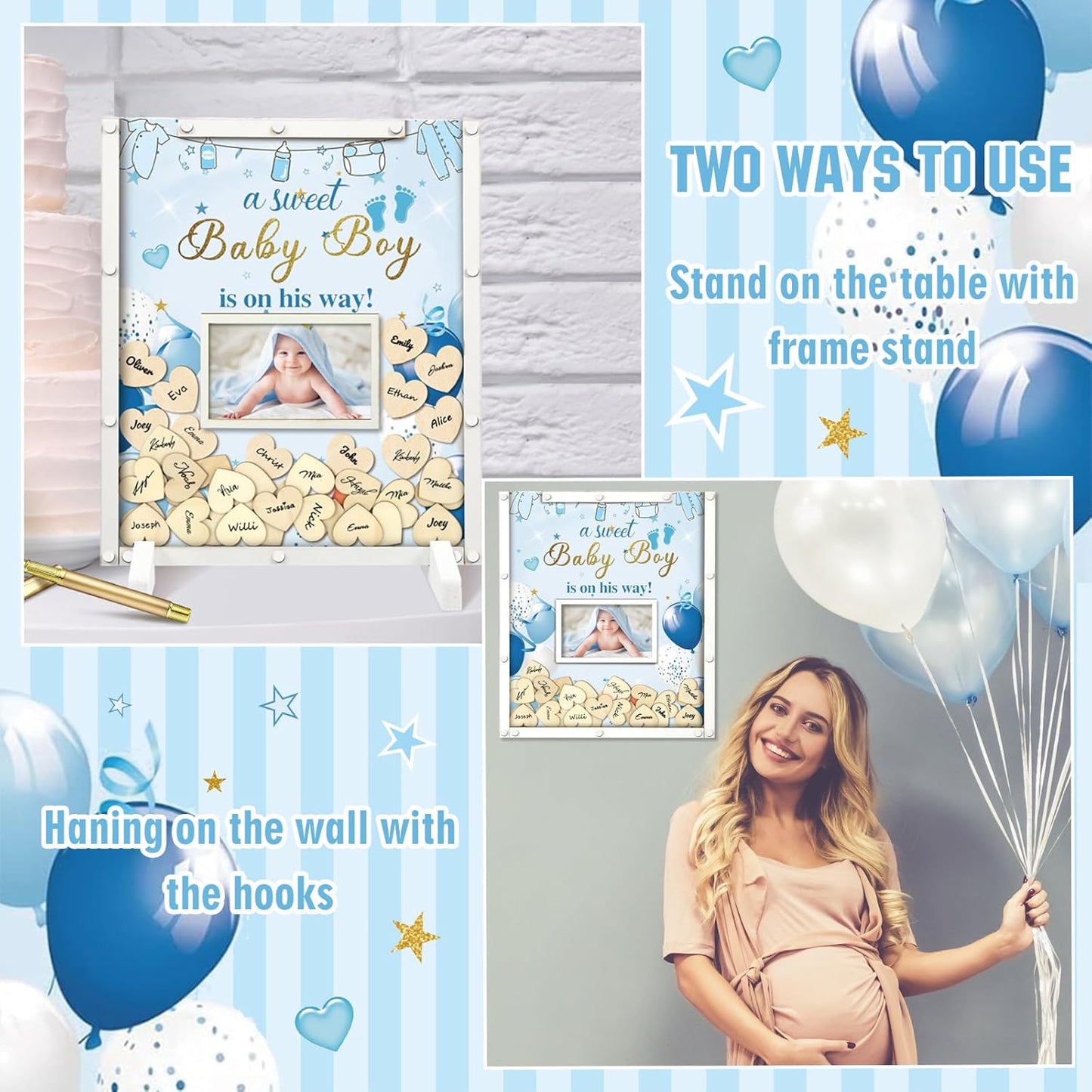 65 Pcs Blue Baby Shower Guest Book Alternatives He or She Gender Reveal Baby Shower Decorations Sign in Guest Book with Picture Frame and 60 Wooden Chip