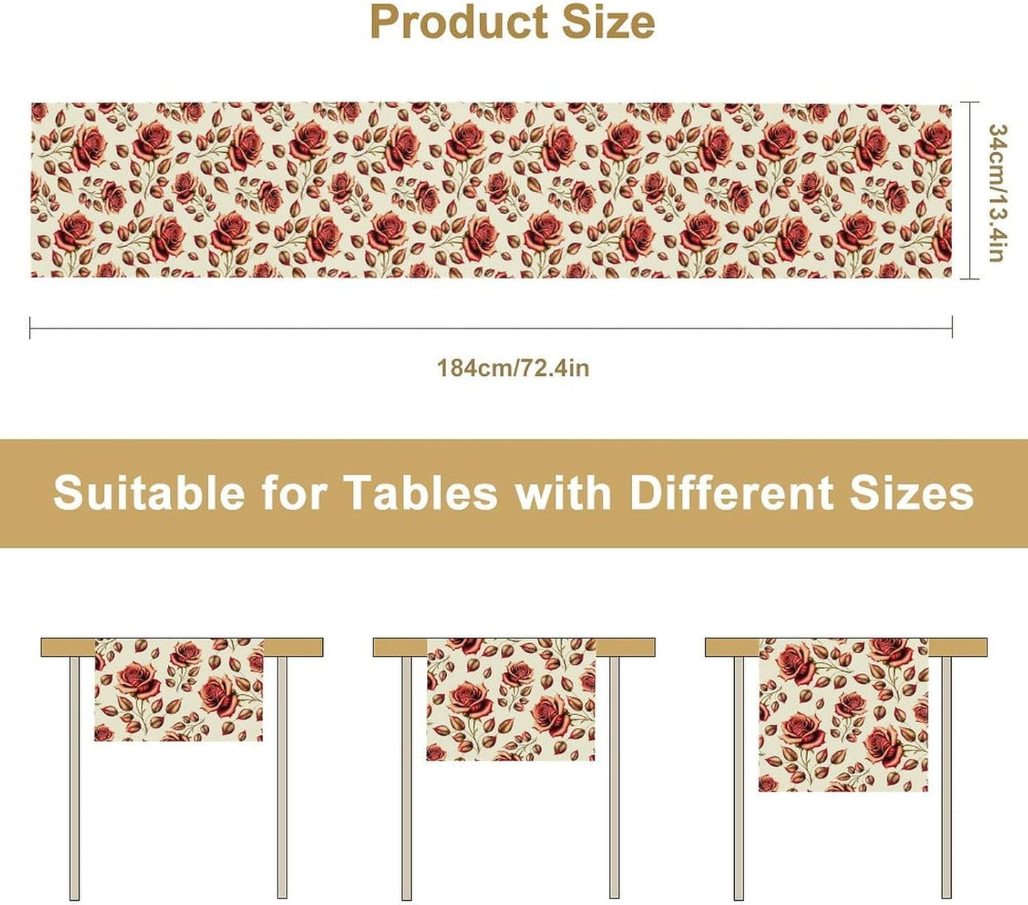 Retro Rose Table Runner, Romantic Love Elegant Plant Red Golden Flower Print Table Runner for Kitchen Dinning Table Runner Decor Home Wedding Party Holiday, 13x90 Inch