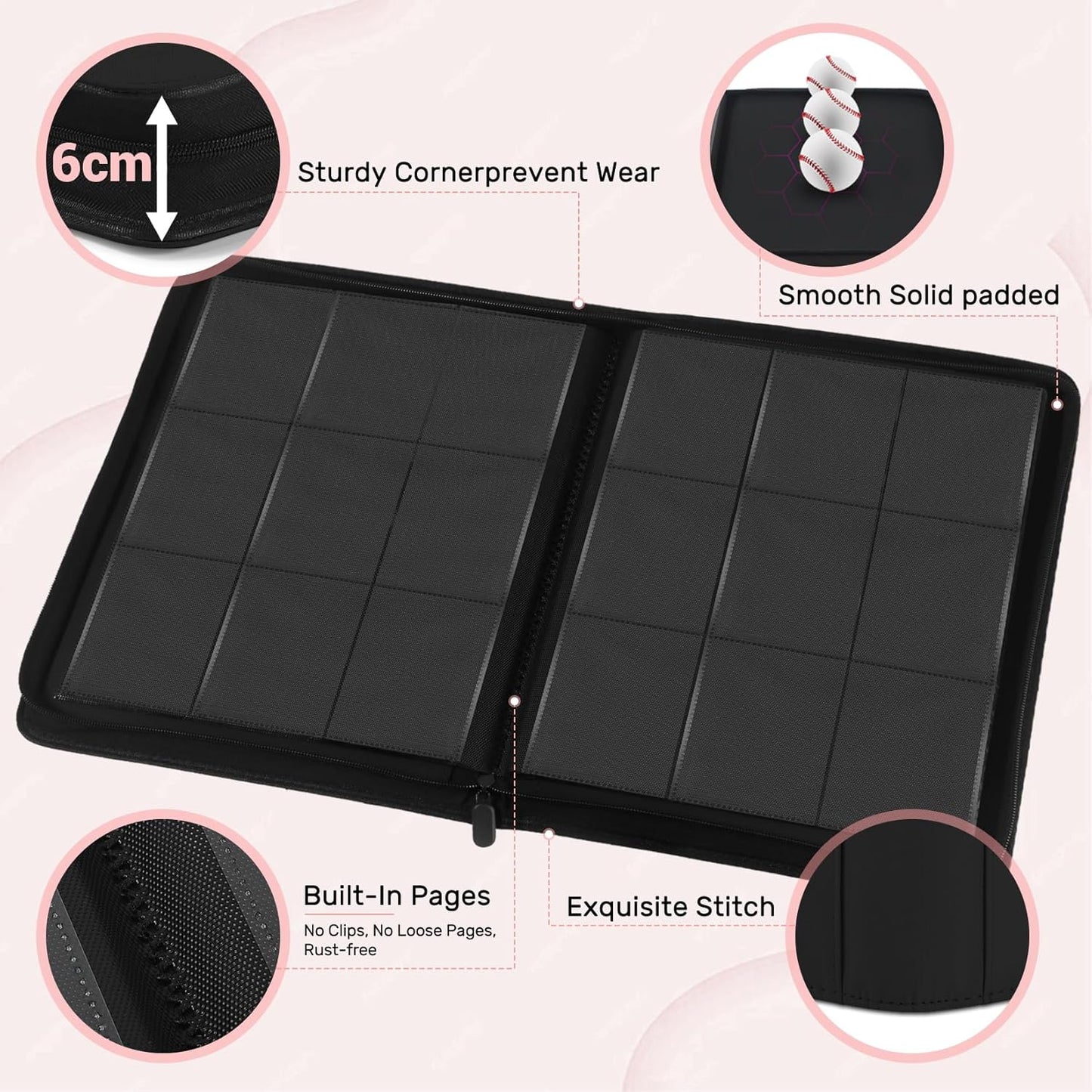 30 Pack 9 Pocket Card Binder, Premium Zip Trading Card Binder, 540 Large Capacity Side-Loading Card Storage Album, PU Card Collection Binder for Gifts, TCG, MTG, Baseball Football Sport Cards, Pink