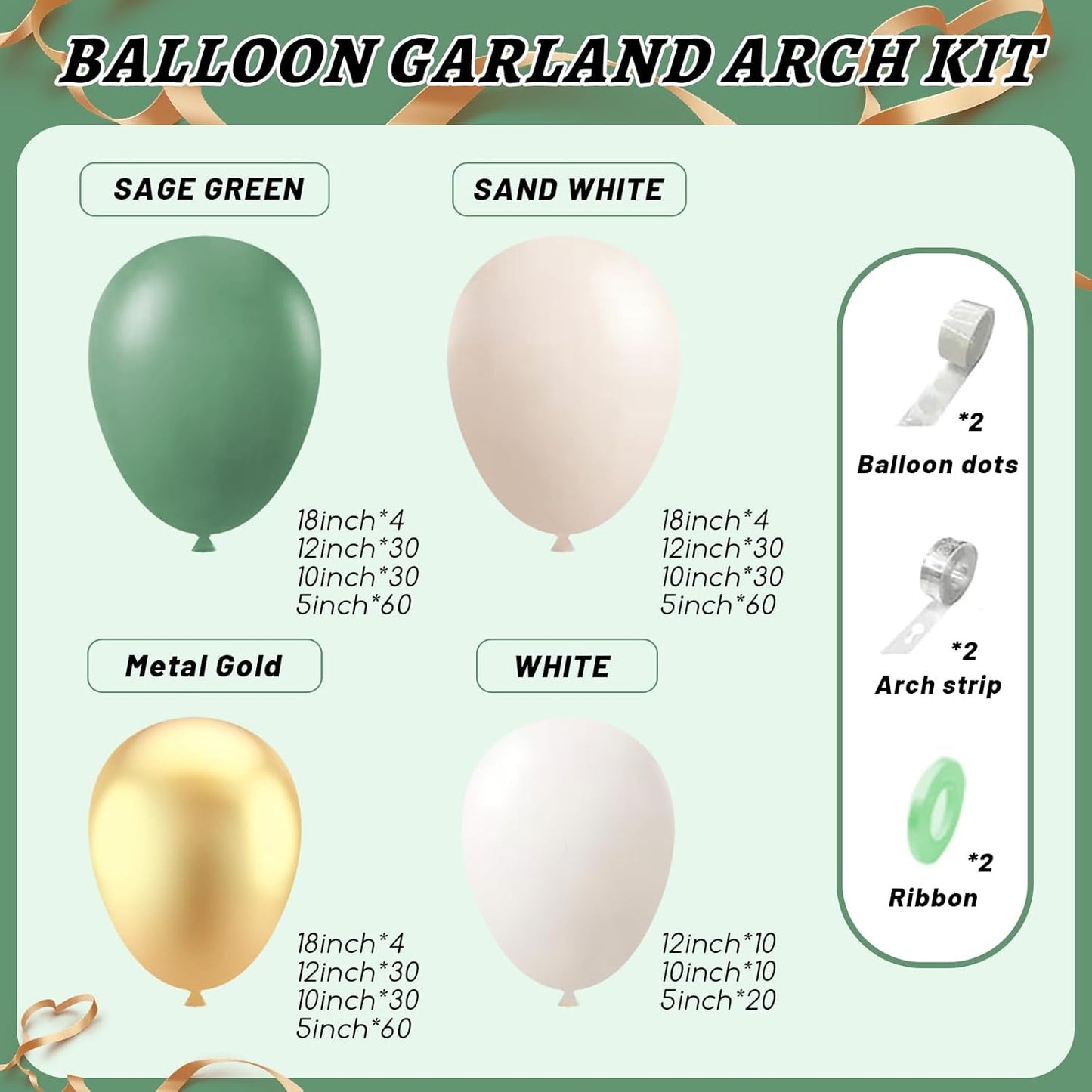 412Pcs Sage Green White Sand Gold Balloons Garland Arch Kit,18 12 10 5 Inch Different Sizes Balloons for Baby Shower Wedding Birthday Gender Reveal Party Decoration