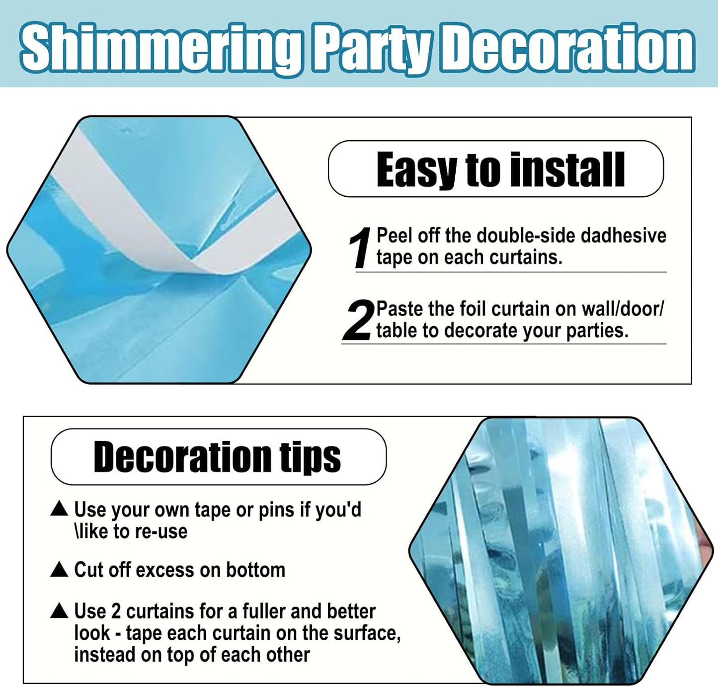 3 Pack Light Blue Foil Fringe Curtain Backdrop, 3.28Ft x 8.2Ft Metallic Tinsel Foil Fringe Streamer Curtains for Photo Booth, Christmas Day, Thanksgiving, Wedding, New Year Party Decorations