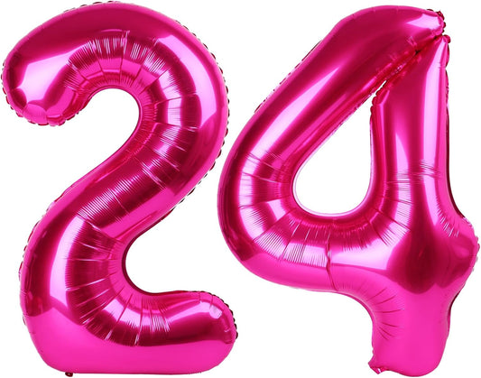 40 Inch Hot Pink Large Number 24 Birthday Balloon, Giant Number 24 24th Balloons, Foil Mylar Big Balloons for Anniversary Graduation Supplies Decorations