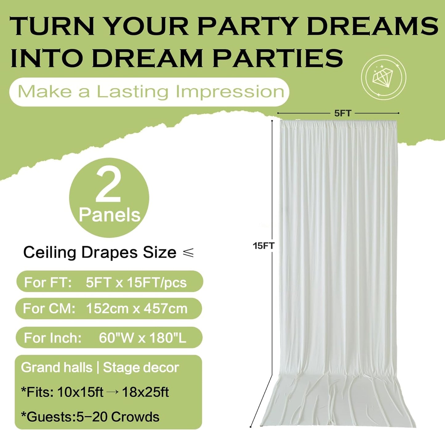 PartyVillage 10ft×15ft Ivory Backdrop Curtain for Wedding Parties, 2 Panels Wrinkle Free 15 FT Long Polyester Photo Backdrop Drapes Back Drop Cloth for Birthday Photography Background