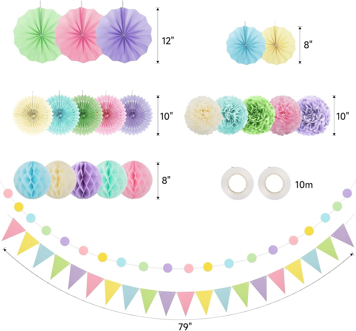 Pastel Party Decorations, 24Pcs Birthday Classroom Baby Shower Decor with Hanging Paper Fans, Pom Poms Flowers Packs for Girls Kids Birthday Rainbow Party, Macaron Carnival Theme Hanging Supplies