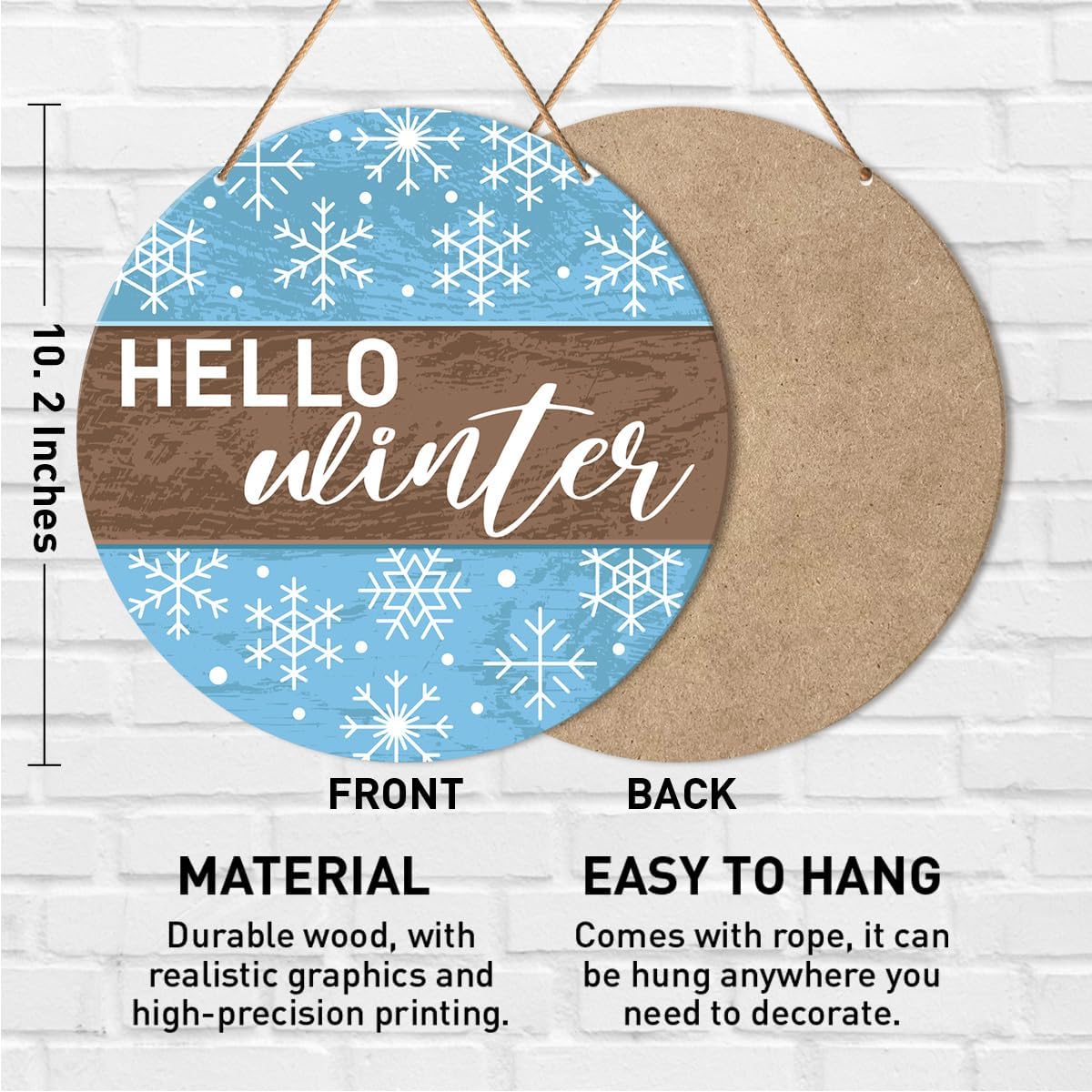 Muktoujaumai Hello Winter Sign Front Door Decor, Christmas Round Hanging Sign Decor Farmhouse Snowflake Xmas Holiday Wall Decorations Winter Wood Sign for Door, Porch, Home