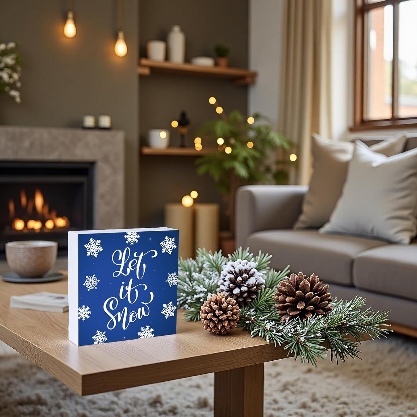 Winter Decorations Indoor Winter Decor Let It Snow Home Room Snowflakes Table Wood Box Sign Rustic Wooden Shelf Desk Decor Season Sign House Warming Gifts 5.9 x 5.9 Inch