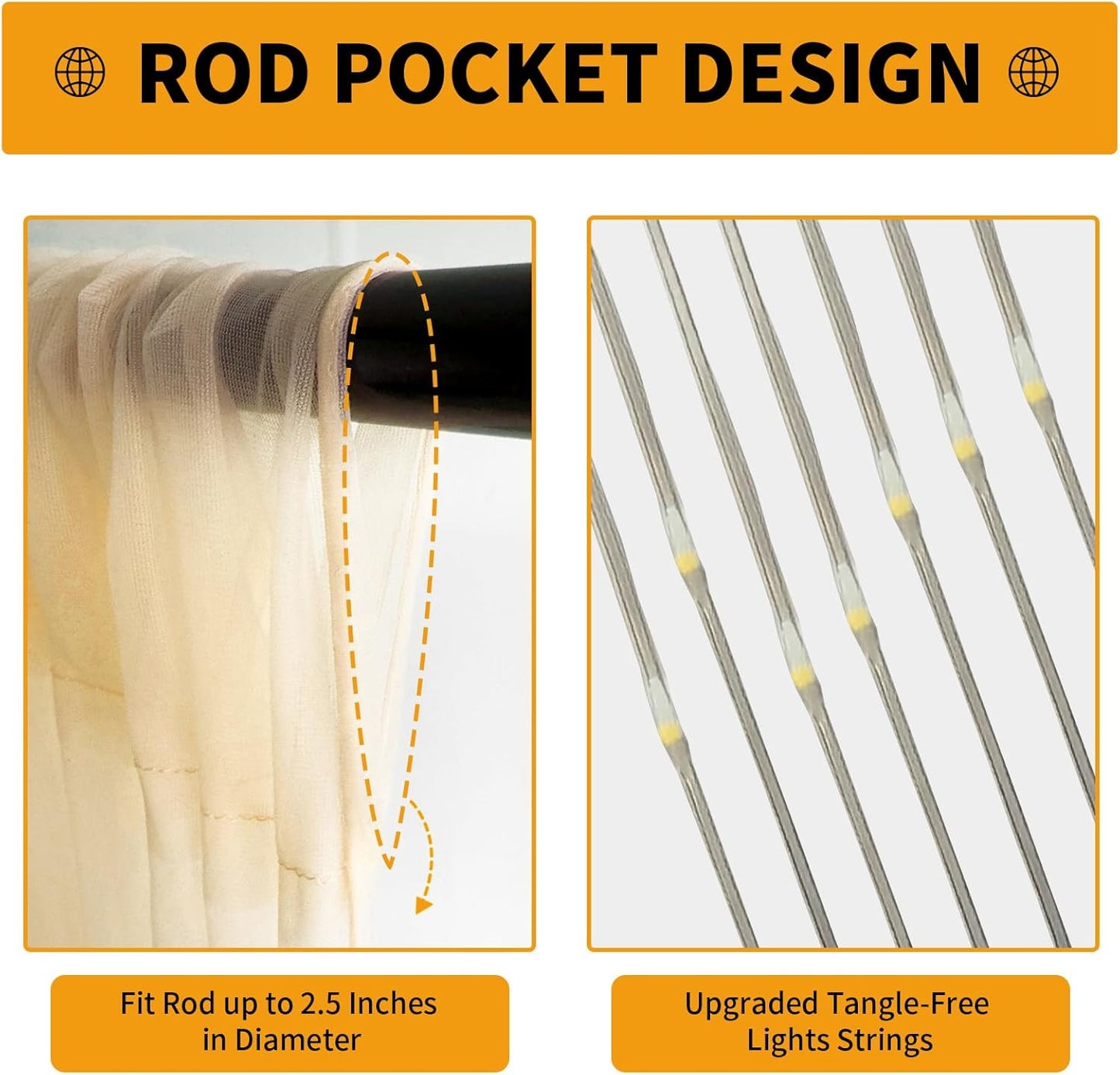 Champagne Tulle Backdrop Curtain with Lights String - 10x10ft Sheer Backdrop with 300 LEDs for Wedding, Baby Shower, Bridal Shower, Birthday Party Photo Shoot Background and Home Decorations