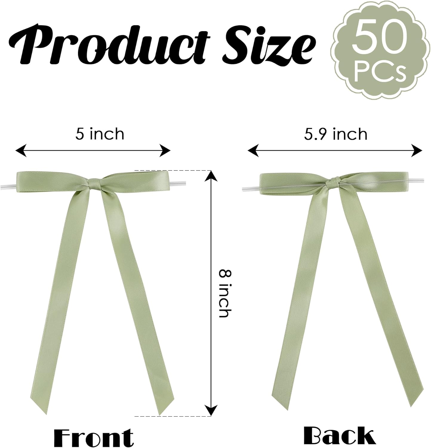 50 PCs Sage Green Bow 5 Inch Long Tail Bows for Gift Wrapping, Wedding Bow Party Decorations, Twist Tie Bows, Satin Bows for Crafts, Premade Bows for Presents, Treat Bags, Bottles, Cakes