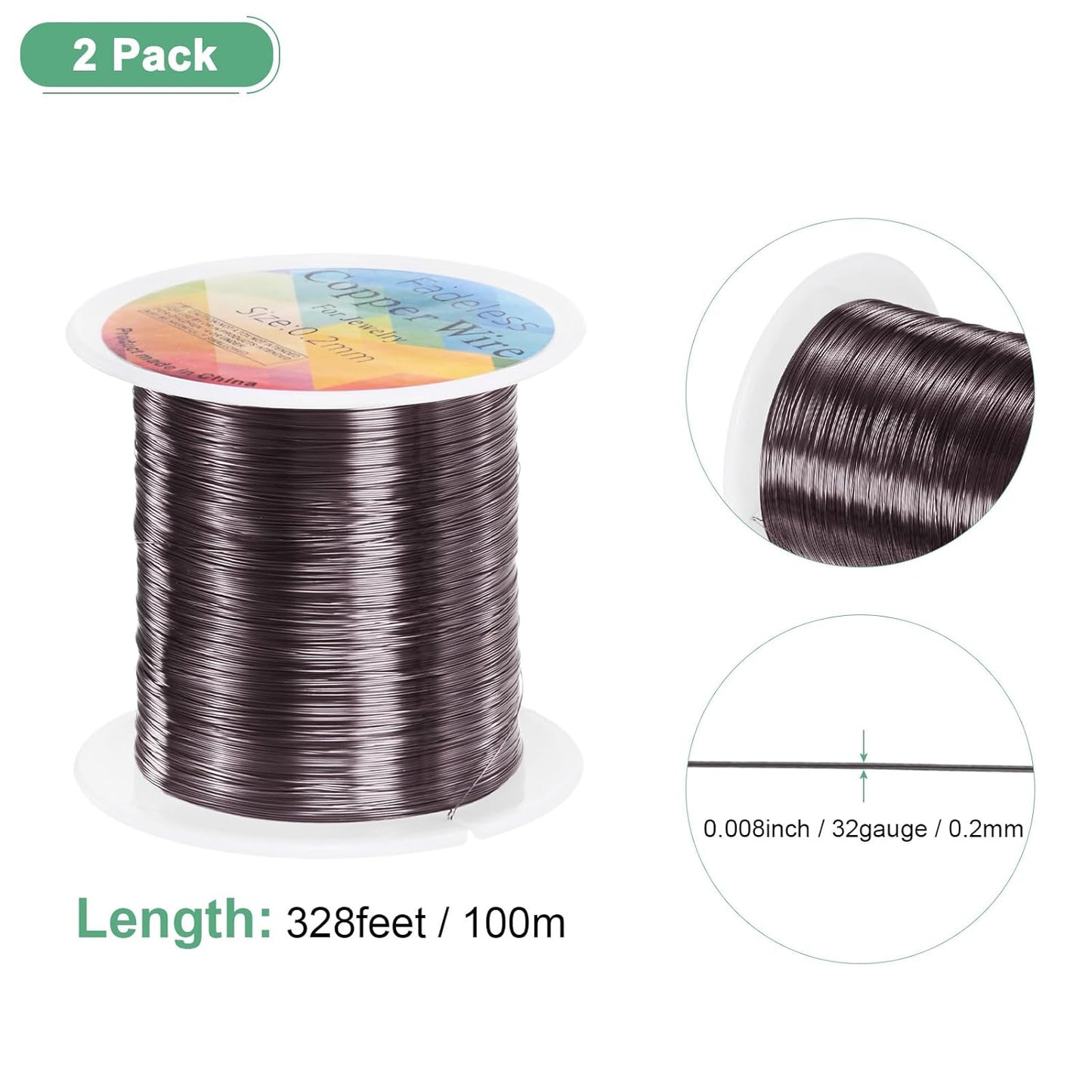 2-Rolls 0.2mm Jewelry Wire, 32 Gauge 328FT Craft Wire Copper Beading Wire for Jewelry Making/Planting/Weaving/DIY Crafting, Soft Metal Wires [100M, Metallic Black]