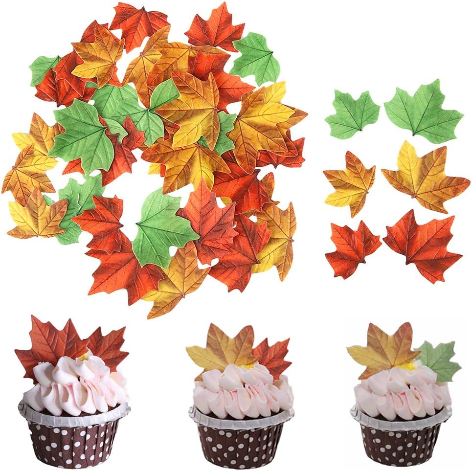 GEORLD Set of 48 Edible Fall Leaves Cake Decorations, Cupcake Topper 3 Colors