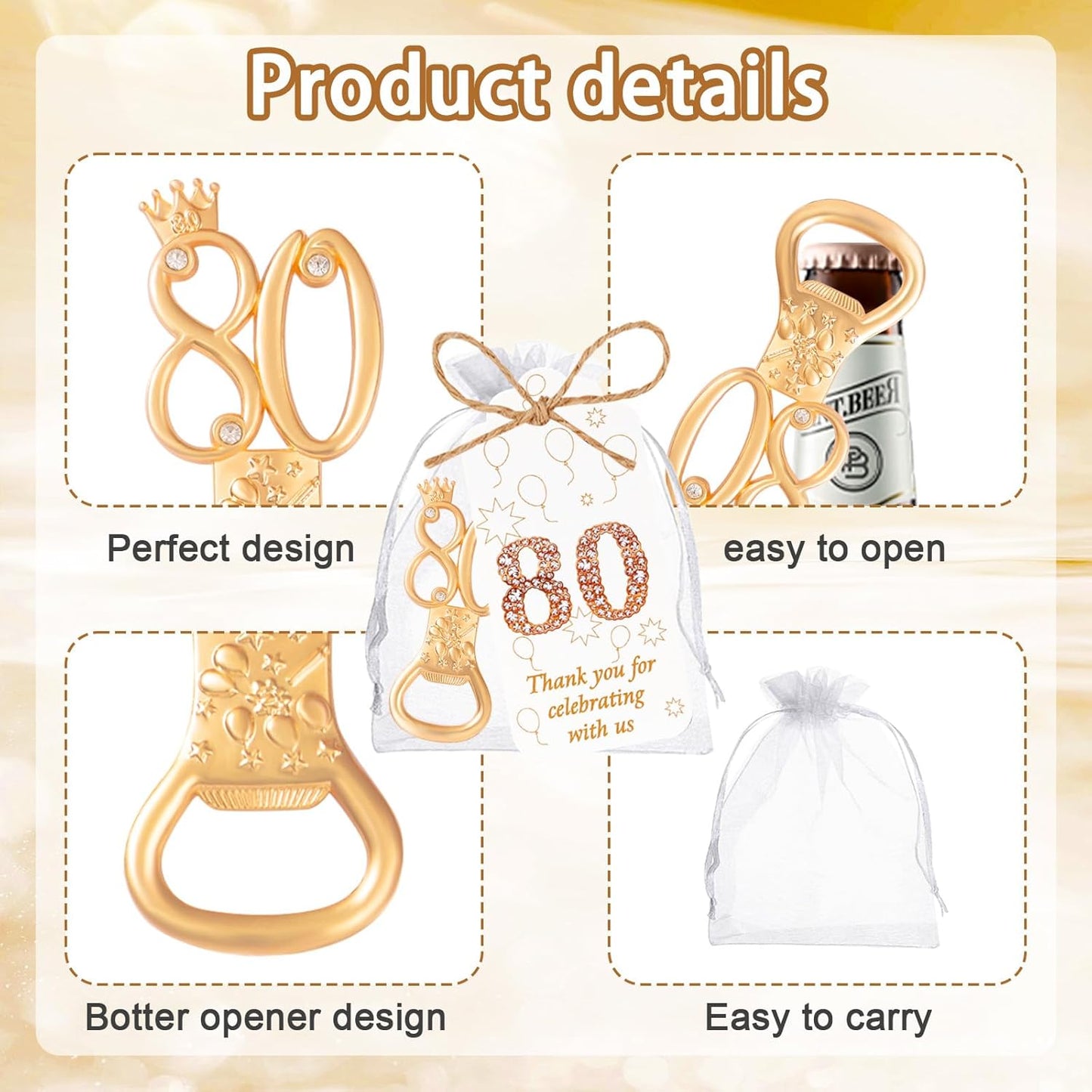 50Pcs 80th Birthday Bottle Opener Set 80th Birthday Party Favors 80th Golden Bottle Openers Personalized Party Favors Wedding Anniversaries Souvenirs Favors For Guests Party