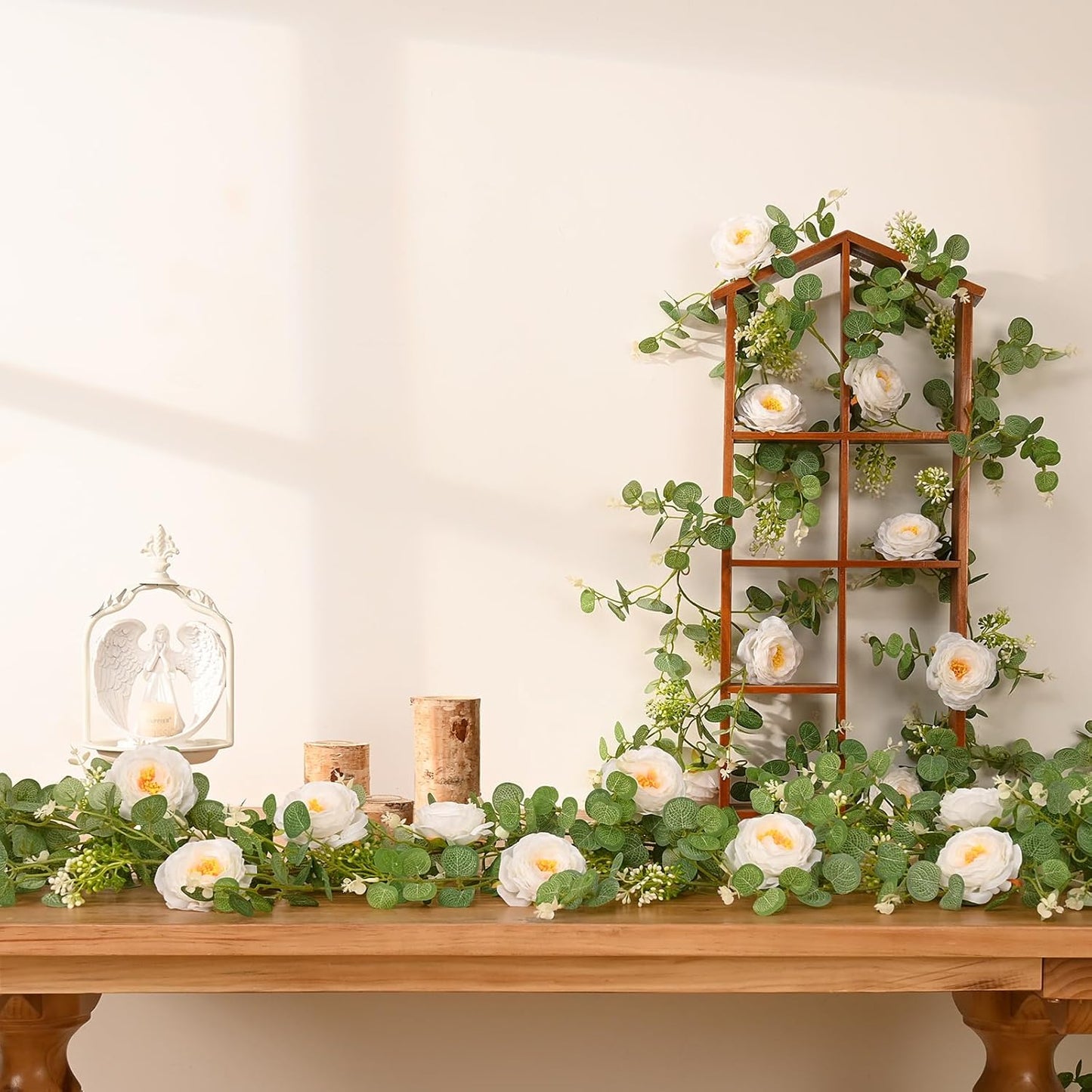 Dolicer 2Pcs 13Ft Artificial Eucalyptus Garlands with Flowers, Faux Floral Greenery Garlands Fake Flowers Vines for Wedding Table Centerpieces Arch Party Ceremony Backdrop Decor (White)