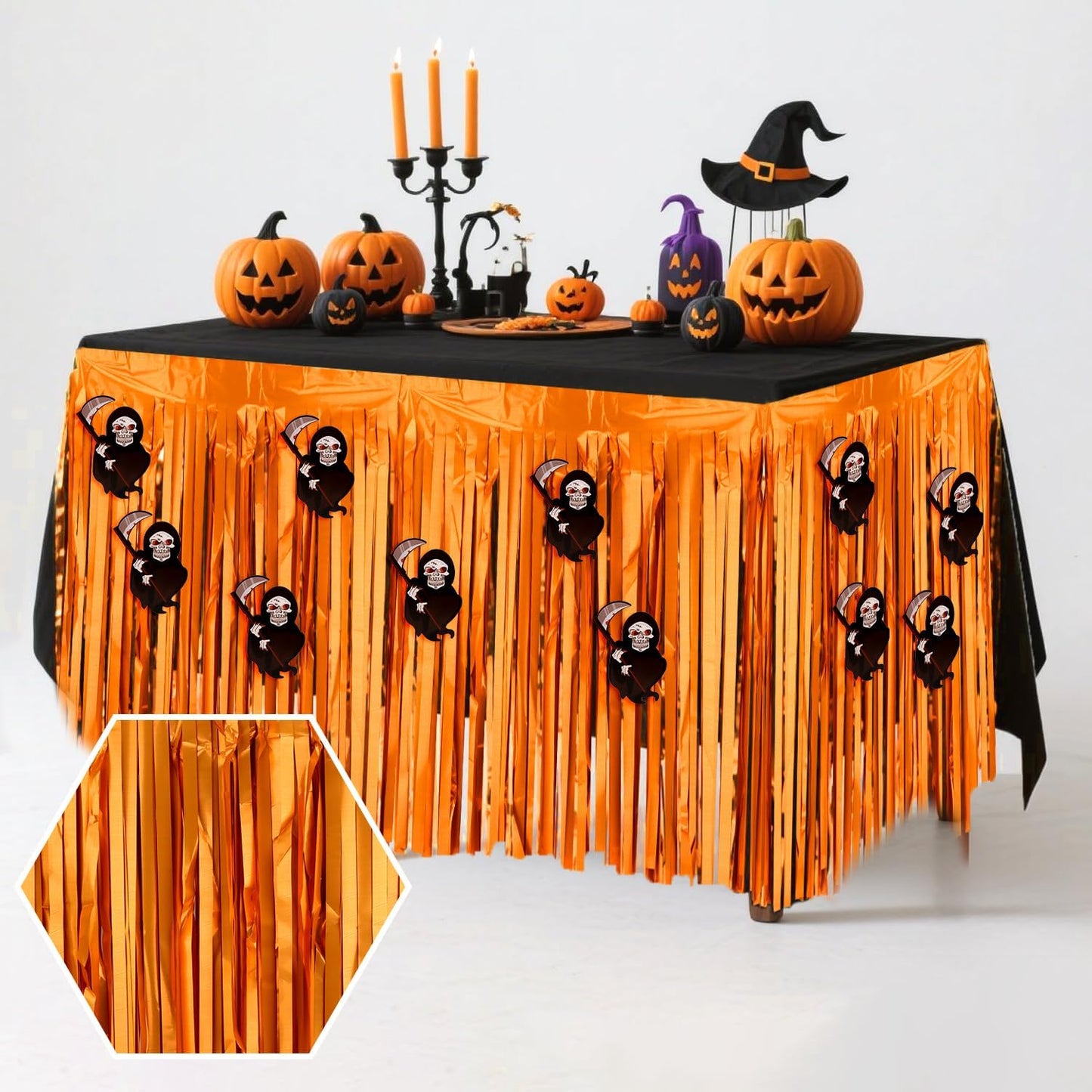 28x106 Inch Orange Sequin Tablecloth for Halloween Decorations, Metallic Tinsel Foil Fringe Table Skirt, Rectangle or Round Tables Decor, Table Cover, Skull Decorations for Halloween Party