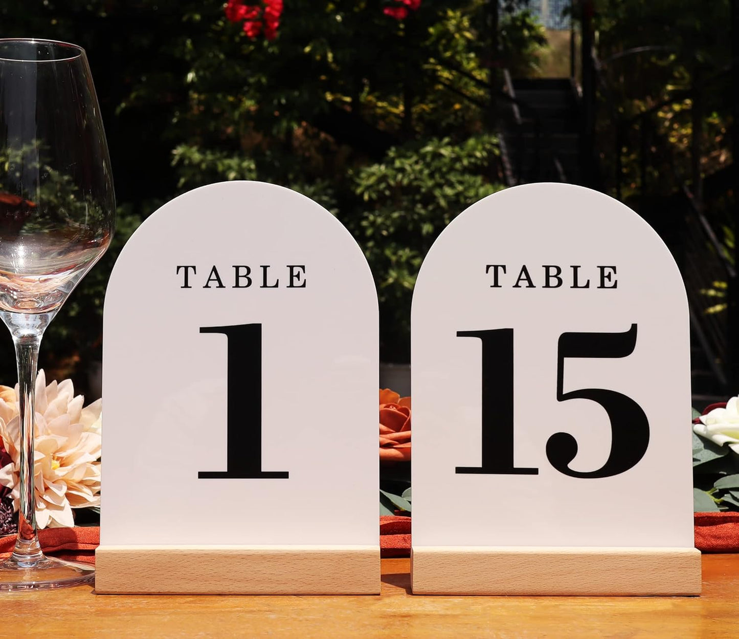 Wedding Table Numbers 1-15, Acrylic Arch Signs with Natural Wood Stands Holders, Rustic Table Decor for Reception & Parties (White Black)